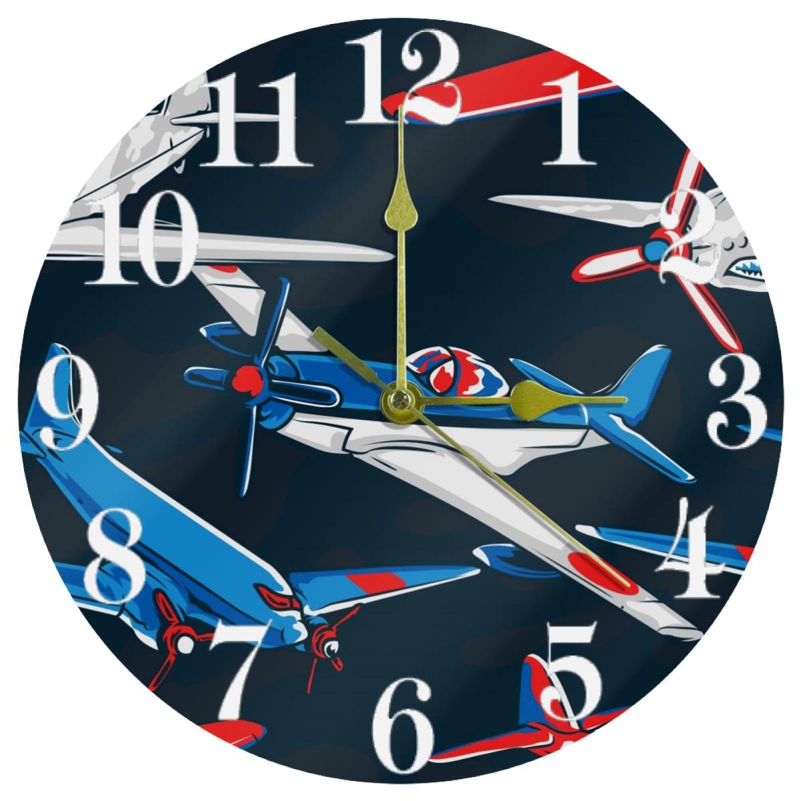 Horloge murale avion rétro ronde à quartz et silencieuse pour la décoration de la maison