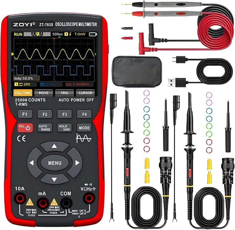 Osciloscopio portátil 3 en 1 de doble canal automotriz de 50MHz con multímetro digital y generador de señal