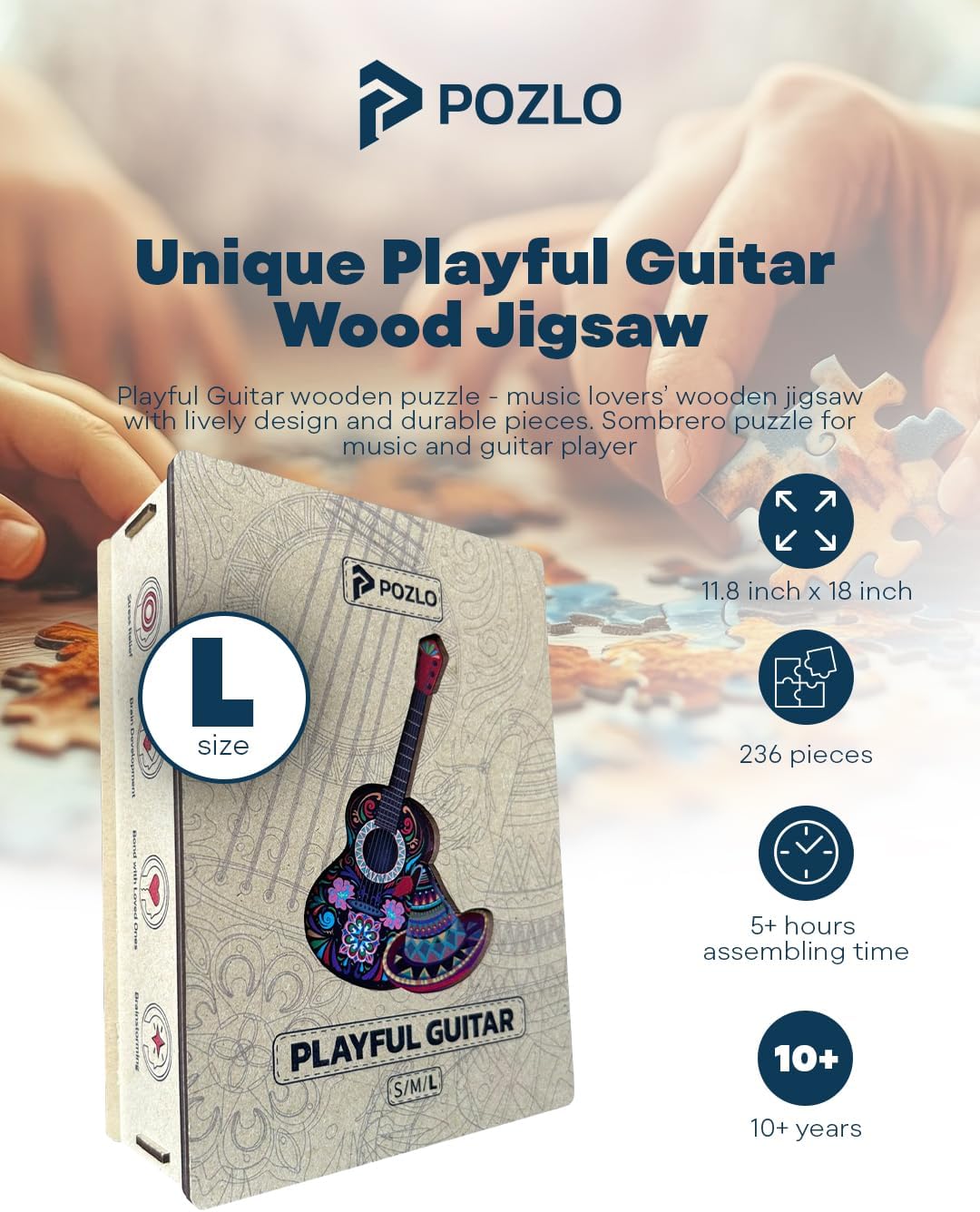 Playful Guitar Wooden Puzzle – Handmade Latin-Art Jigsaw for Adults & Teens, Unique Sombrero Design, Decorative & Gift Quality - 11.8"x18" in Size, 236 Pieces - L Size