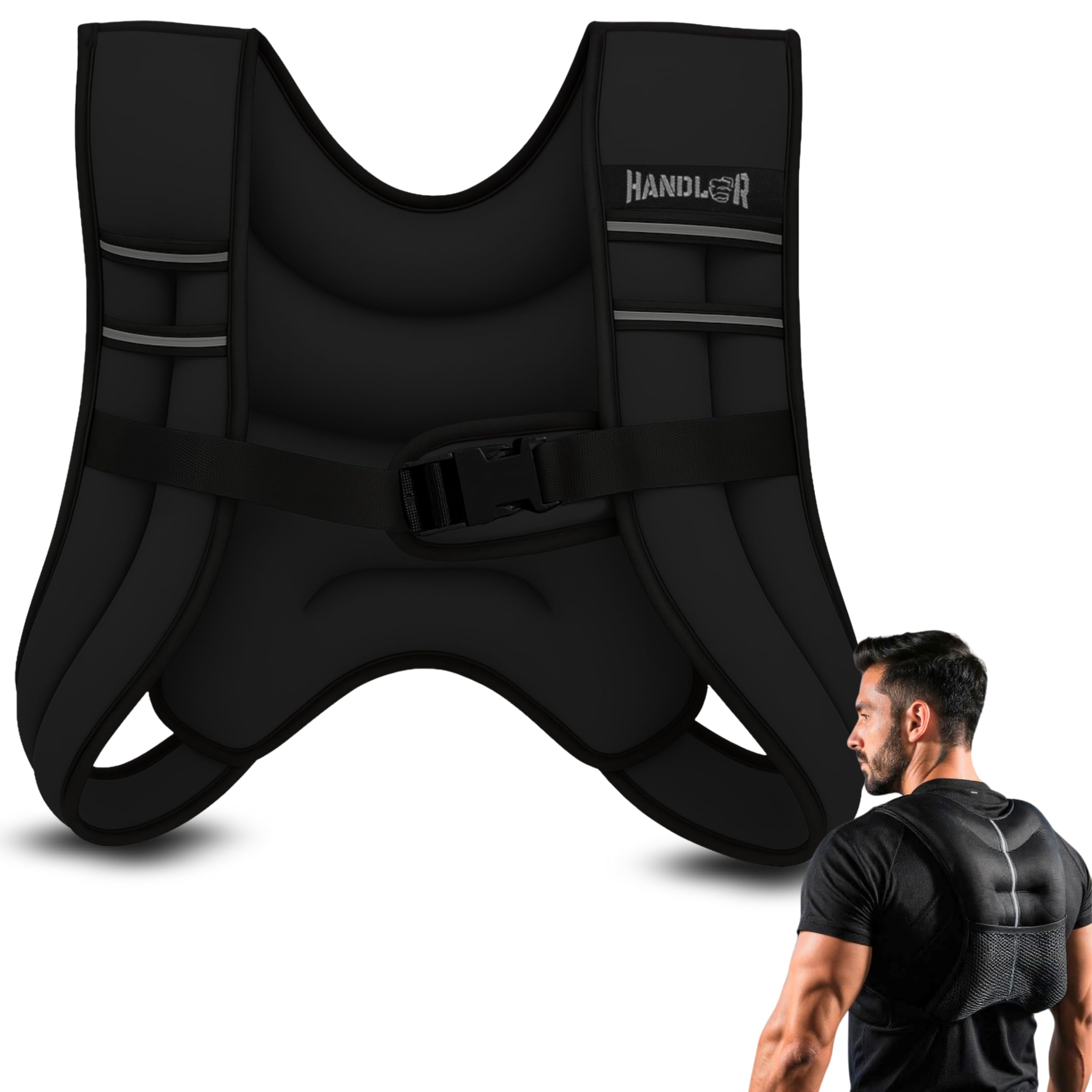 Handler Durable Body Weighted Vest for Men & Women, 2.5 Kg / 5 Kg / 7.5 Kg / 10 Kg Weight Vest with Reflective Stripe for Workout | Gym Equipment | Fitness jacket| Workout Equipment, Muscle Building | Military Equipment | Weight Loss, Weightlifting, Adjustable Vest Belt (Black, 5 Kg)