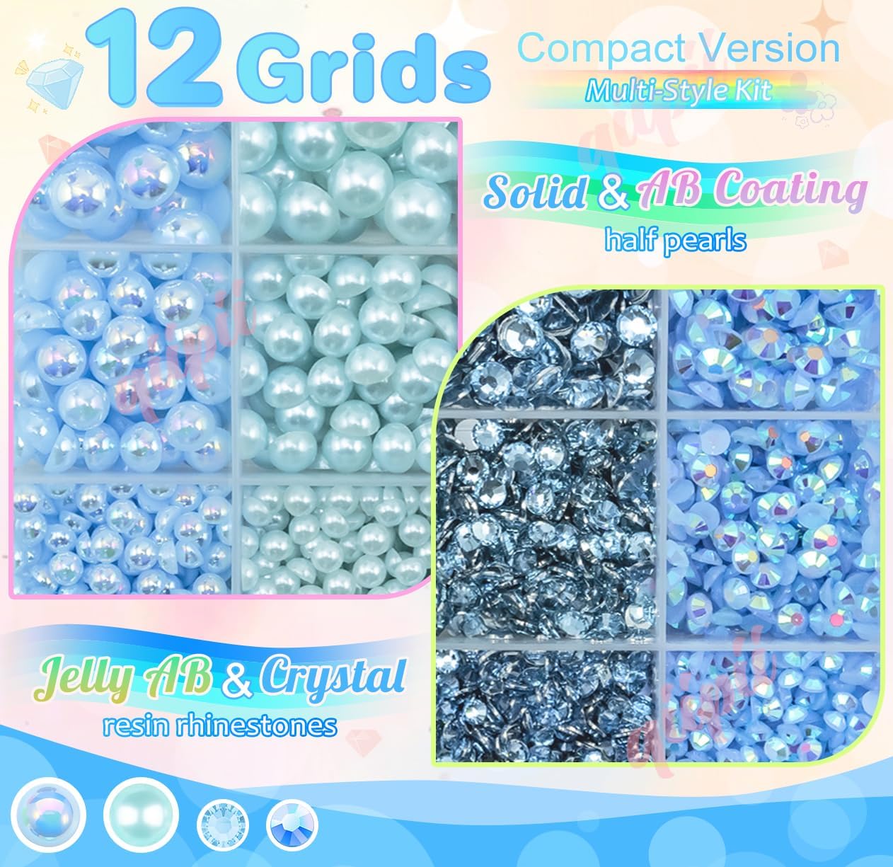 qiipii 3mm-8mm Light Blue Flatback Pearls and Resin Rhinestones for Bedazzling Crafting Bedazzled Gems Half Pearls Stones Diamonds Bedazzler Kit for Nails Face Eyes Makeup Tumblers Bottles DIY Crafts
