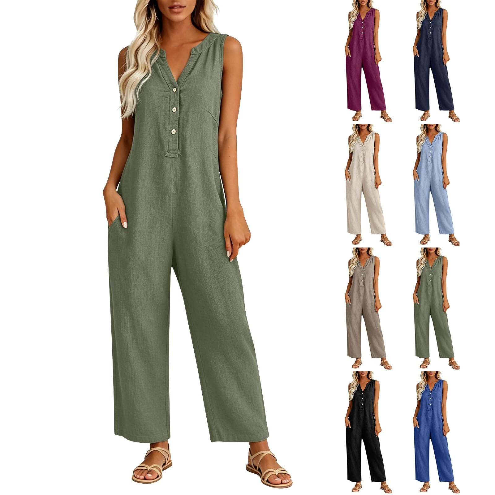 Tuta estiva da donna, in lino, senza maniche, con tasche | Tuta con pantaloni a gamba larga, elegante scollo a V, tuta intera in mussola, casual, per le vacanze