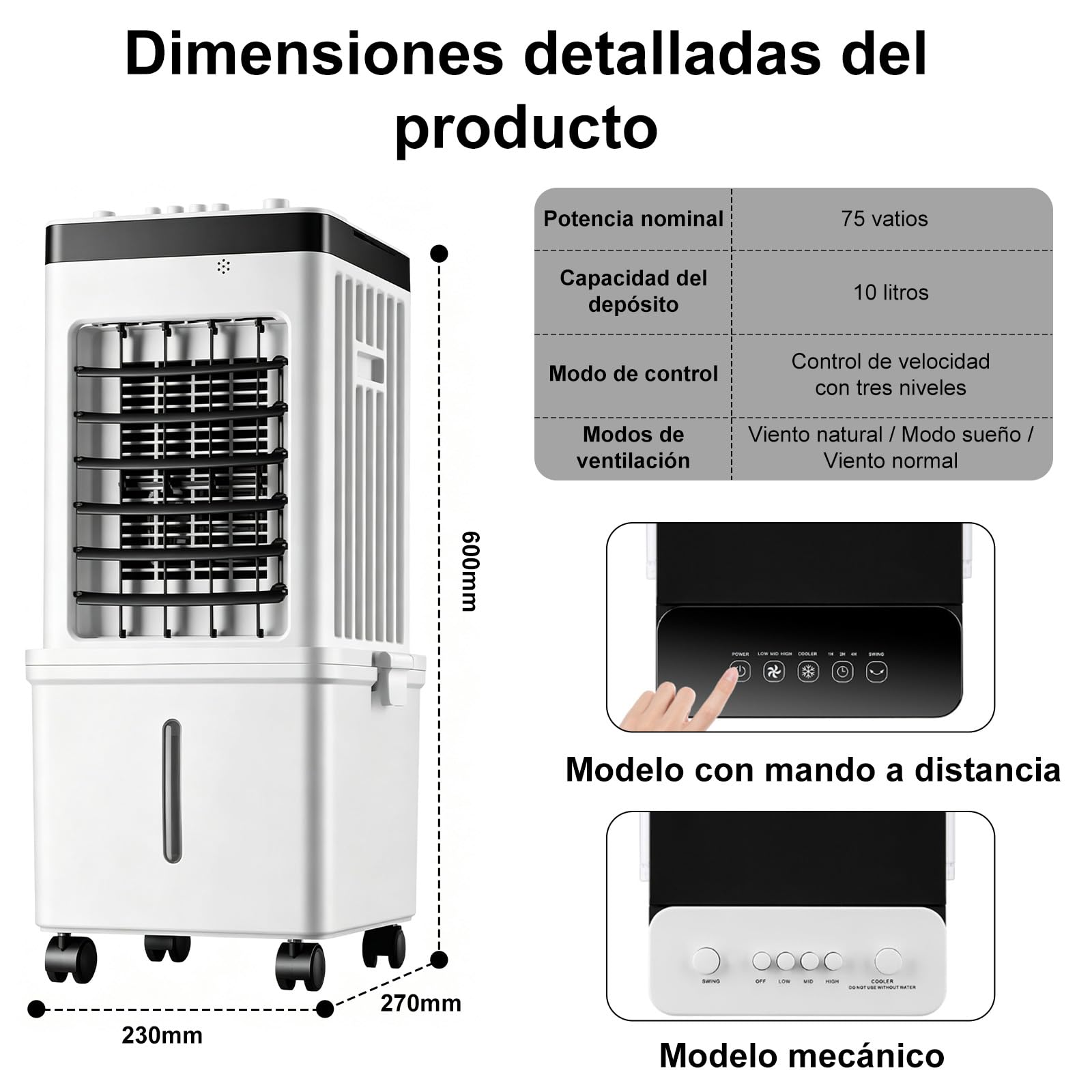 Aire Acondicionado Móvil Mecánico, 75W Bajo Consumo, 3 Velocidades | Climatizador Evaporativo Portátil de 10L con Cristales de Hielo,Oscilación de Gran Ángulo, Ruedas para Hogar Oficina