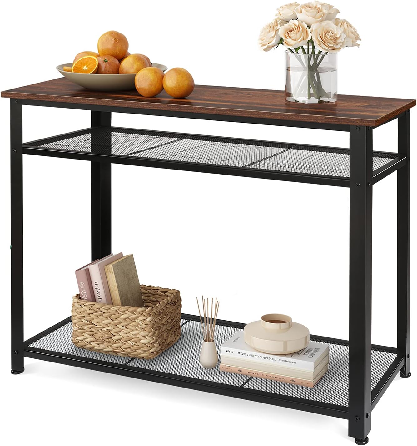 WLIVE Industrial Console Table with Storage Shelf for Entryway, 3-Tier Sofa Table Hallway Table with Metal Frame, for Living Room, Corridor, Narrow, Rustic Brown