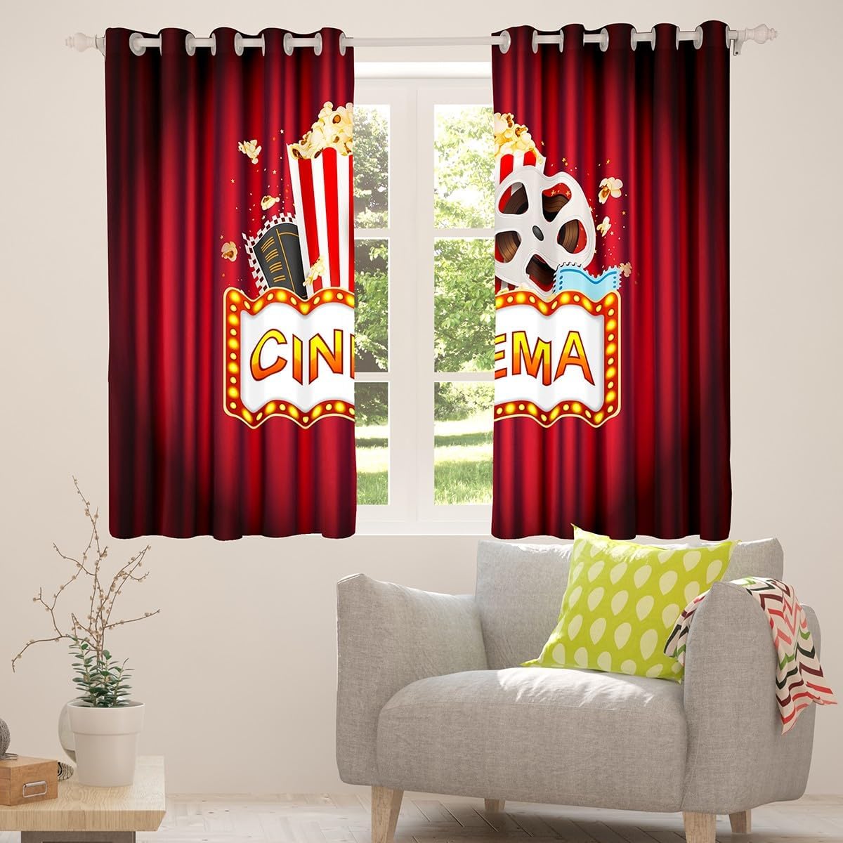 jejeloiu Cinema Pattern Curtains for Bedroom Living Room Kids Movie Theater Blackout Curtains (2 Panels, 52 x 96 Inch) Popcorn Darkening Drapes Decor Moive Theme Red Window Treatments