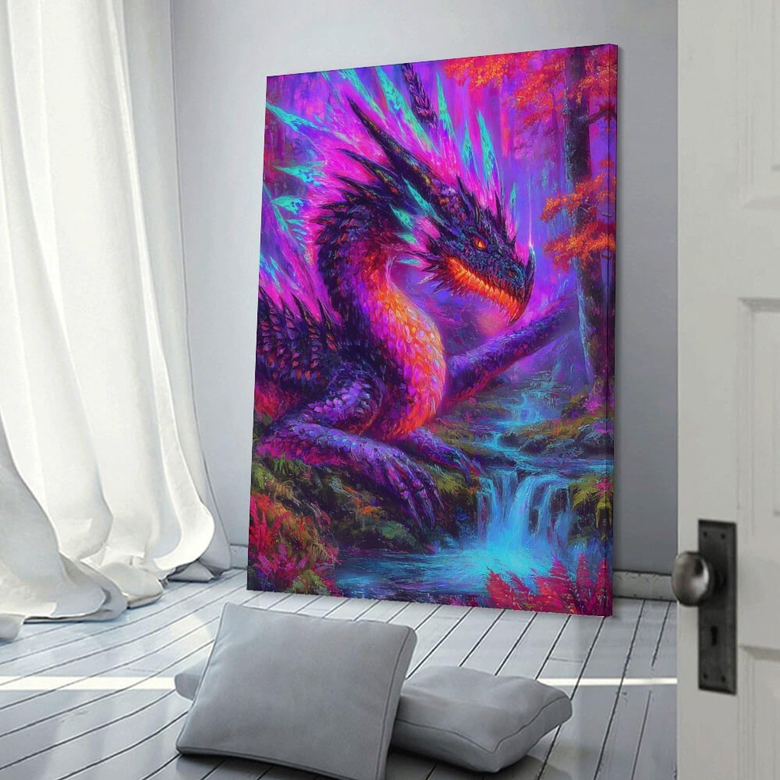 Junmoney Frame-Vibrant Dragon In Fantasy Forest Vibrant Dragon In Fantasy Forest Wall Picture Print, 12X18inch(30X45cm), For Workspace Walls, Study Corners Or Bedrooms, Wall Art That Adds Style To Work Areas