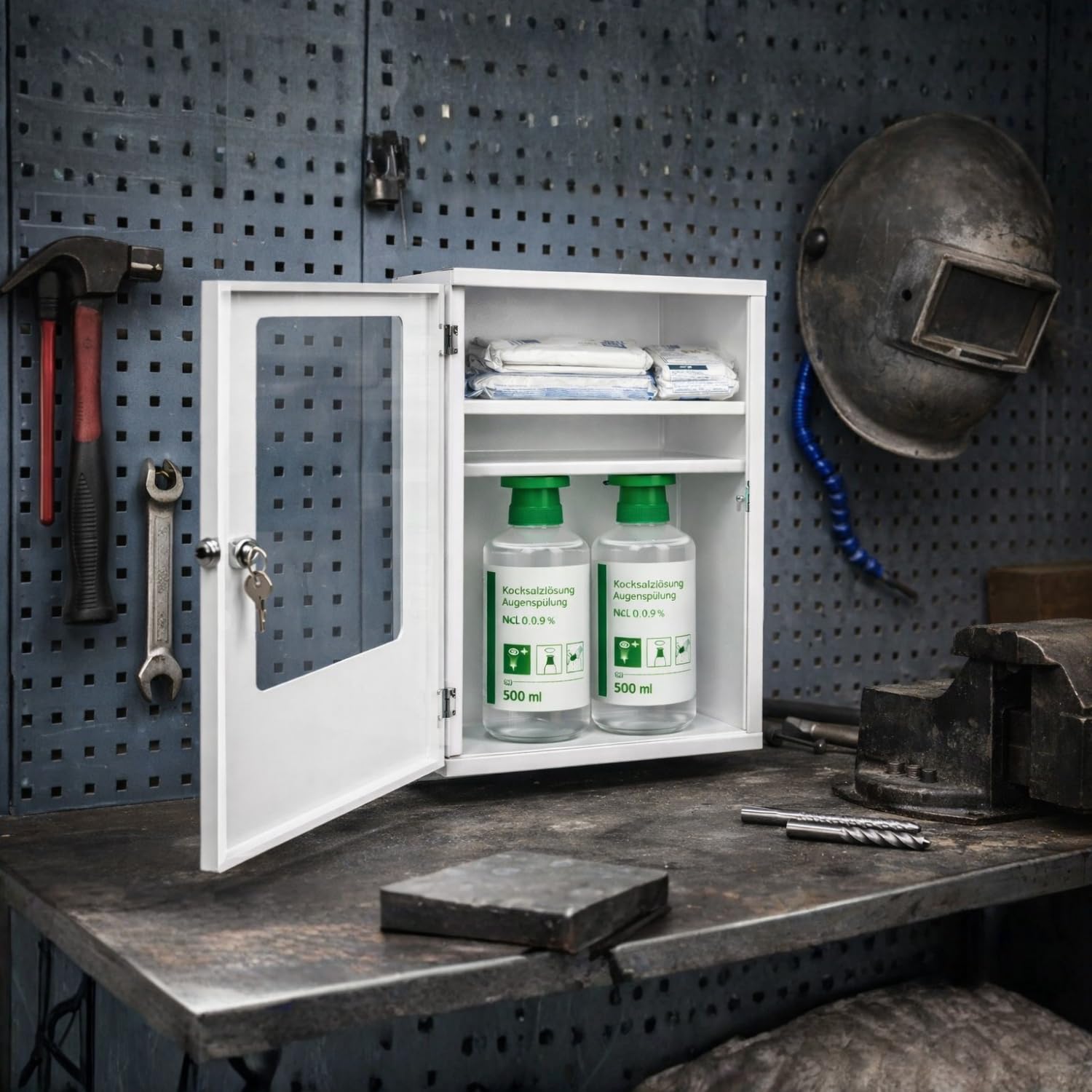 First Aid Products Augenspülschrank mit Sichtfenster – 2x Augenspülung NaCl 0,9% (500ml) – Metall, abschließbar, Eyewash station, Augenspülstation & Augendusche – Nachrüstung Werkstatt & Betrieb