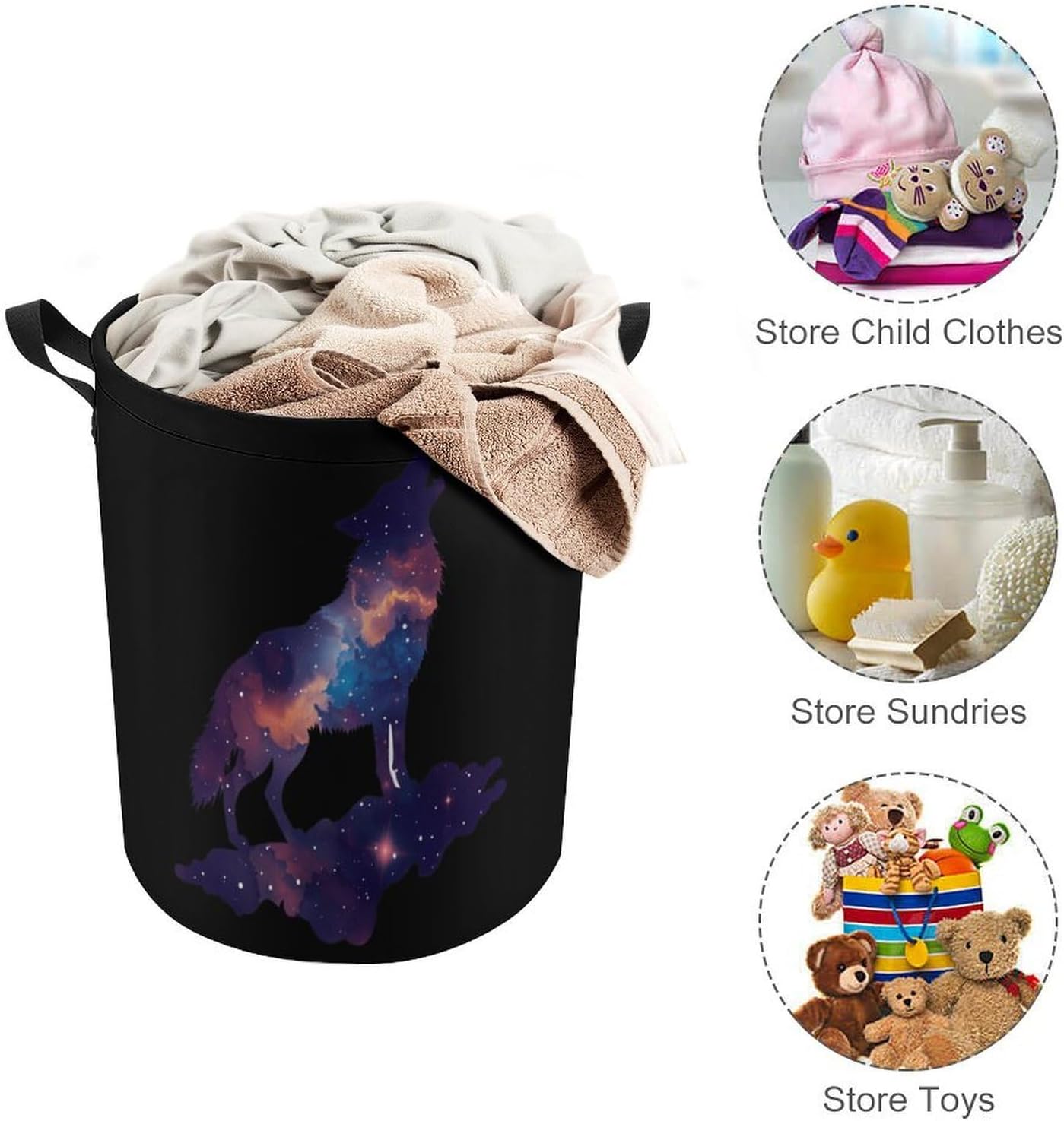 Wolf Galaxy Laundry Basket Dirty Clothes Hamper Storage Laundry Bag with Handles for Dorm Room 44x35cm