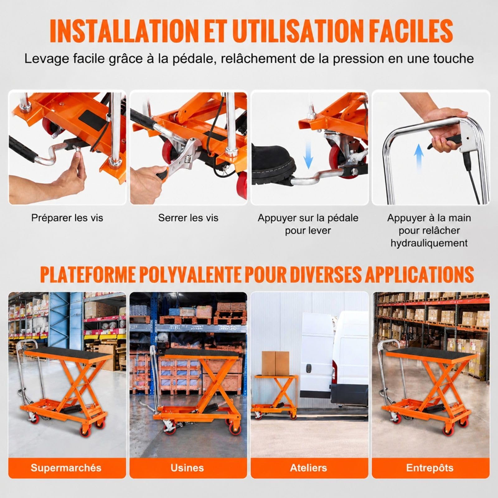 Chariot à table élévatrice hydraulique manuel orange, structure à ciseaux simples en acier Q235, charge 230 kg, 4 roues pour atelier et entrepôt