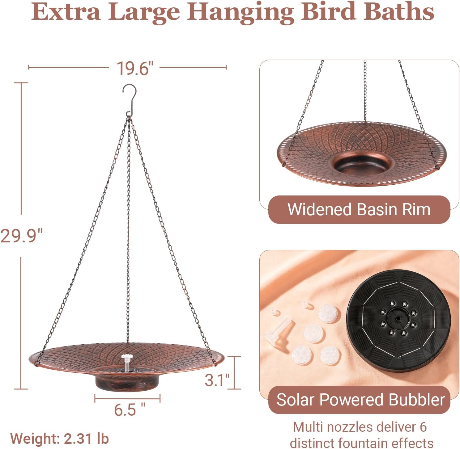 19.6" Large Bird Bath with Solar Fountain, LED & Battery Hanging Birdbath | Upgraded Solar Powered Bird Bath Fountain with Lights & Storage Battery, Bird Baths for Outdoors, Yard, Lawn, Garden (Brown)