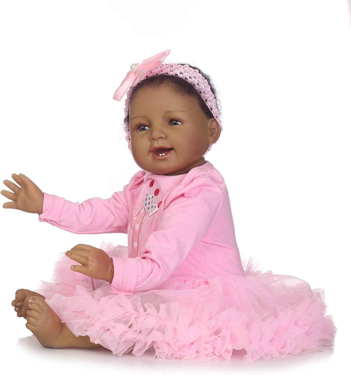 Pinky 22 inch 55cm Black Indian African Soft Body Silicone Reborn Baby Dolls Girl Princess Realistic Looking Newborn Doll Toddler Eyes Open Birthday Xmas Gift