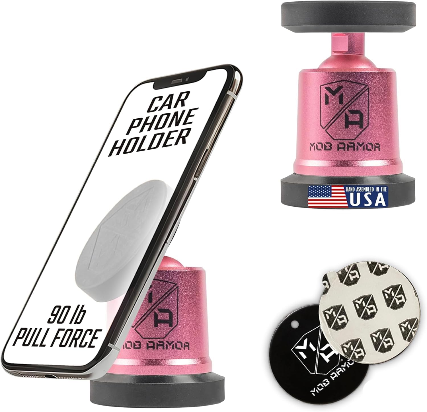 Mob Armor MobNetic Maxx - USA Assembled Magnetic Phone Holder for Car, Magnetic Car Phone Mount, 90-Degree Tilt, 360-Degree Rotation, Aluminum Metal, Compatible with iPhone & Android - Pink