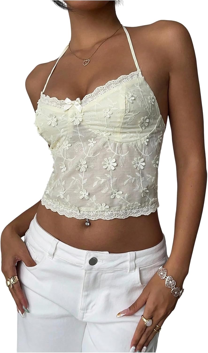 SHENHE Women's Y2k Open Back Halter Crop Top Floral Embroidered Boho Sexy Beach Tank Cami