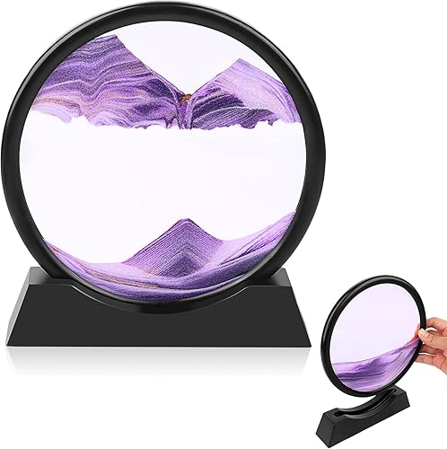 LotCow Pintura de arena que fluye, imagen de arena en movimiento, paisaje natural dinámico 3D, marco de arena redondo de vidrio para decoración del