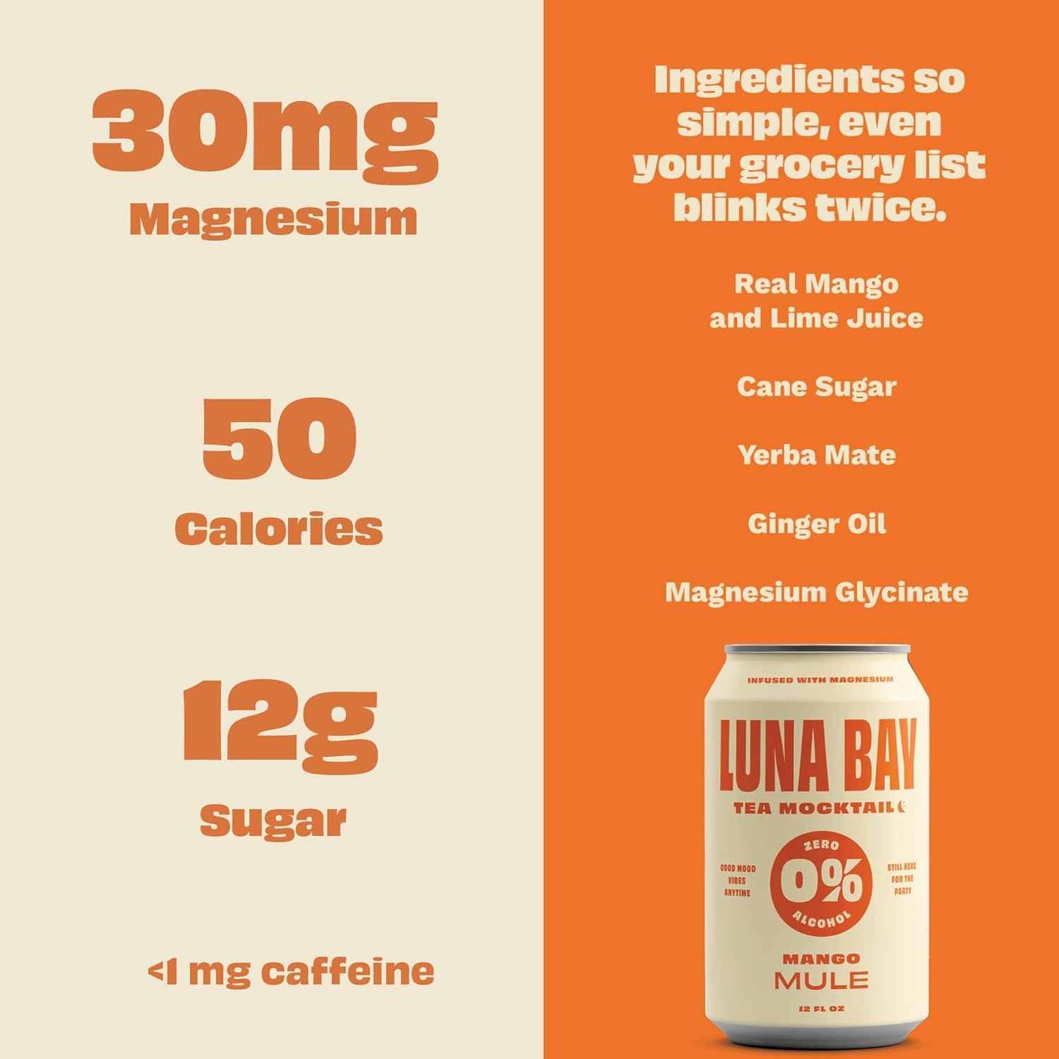 Luna Bay Zero Percent Tea Mocktail - Sparkling Tea Non-Alcoholic Beverage with Yerba Mate & Magnesium Glycinate, Vegan, Low Sugar, Non-GMO and Gluten Free - Mango Mule (12 Pack, 12 fl oz Cans)