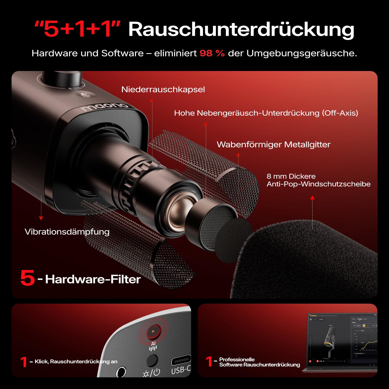 MAONO PD100W Kabelloses Gaming Mikrofon, 2.4GHz Wireless & USB Dynamisches PC Mikrofon mit ENC Rauschunterdrückung & Software für Streaming, Recording, Podcast für Computer, PS4/5, Smartphone, Schwarz