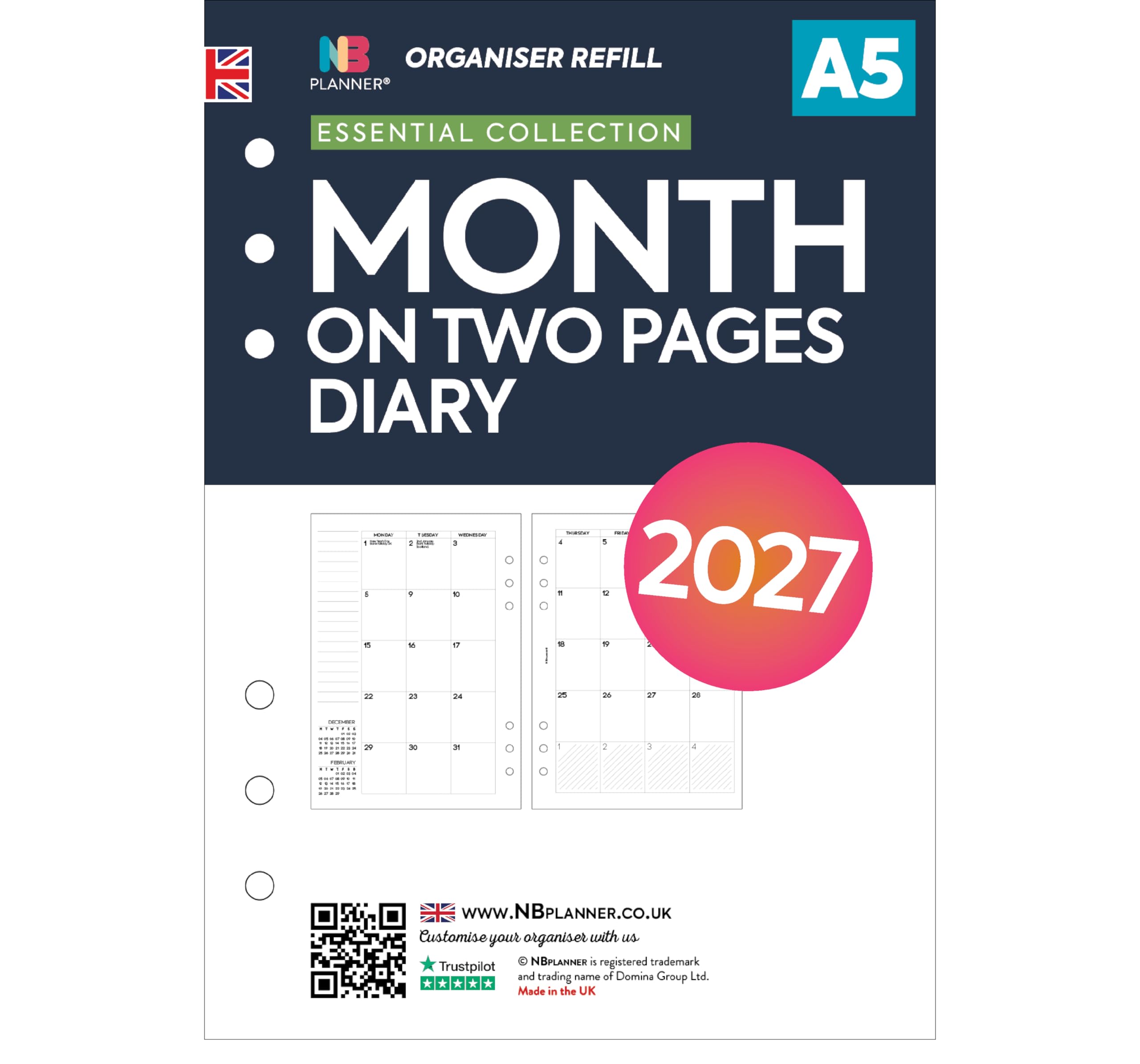 2027 A5 size Month on two pages diary refill insert | January 2027 – December 2027 | Compatible with Filofax A5 size organisers | English |148 x 210mm