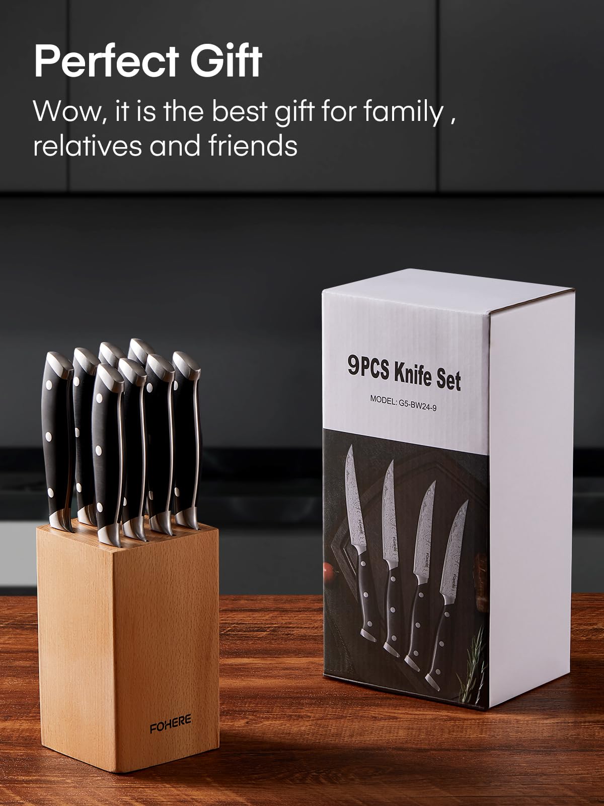 Coltelli da Bistecca con Ceppo Coltelli, FOHERE Set di 8 Coltelli da Bistecca in Acciaio Inox a Lama Dritta Extra Affilata, con Motivo Damasco, Codolo intero Design impugnatura ergonomica