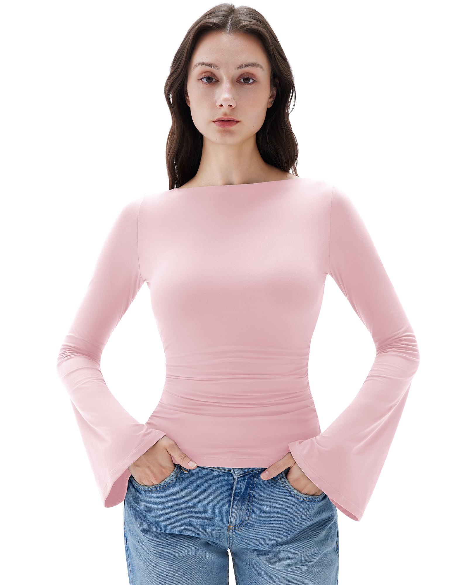 Women Crew Neck Bell Sleeve Tops Double Lined Going Out Fitted Basic T Shirts-image-21