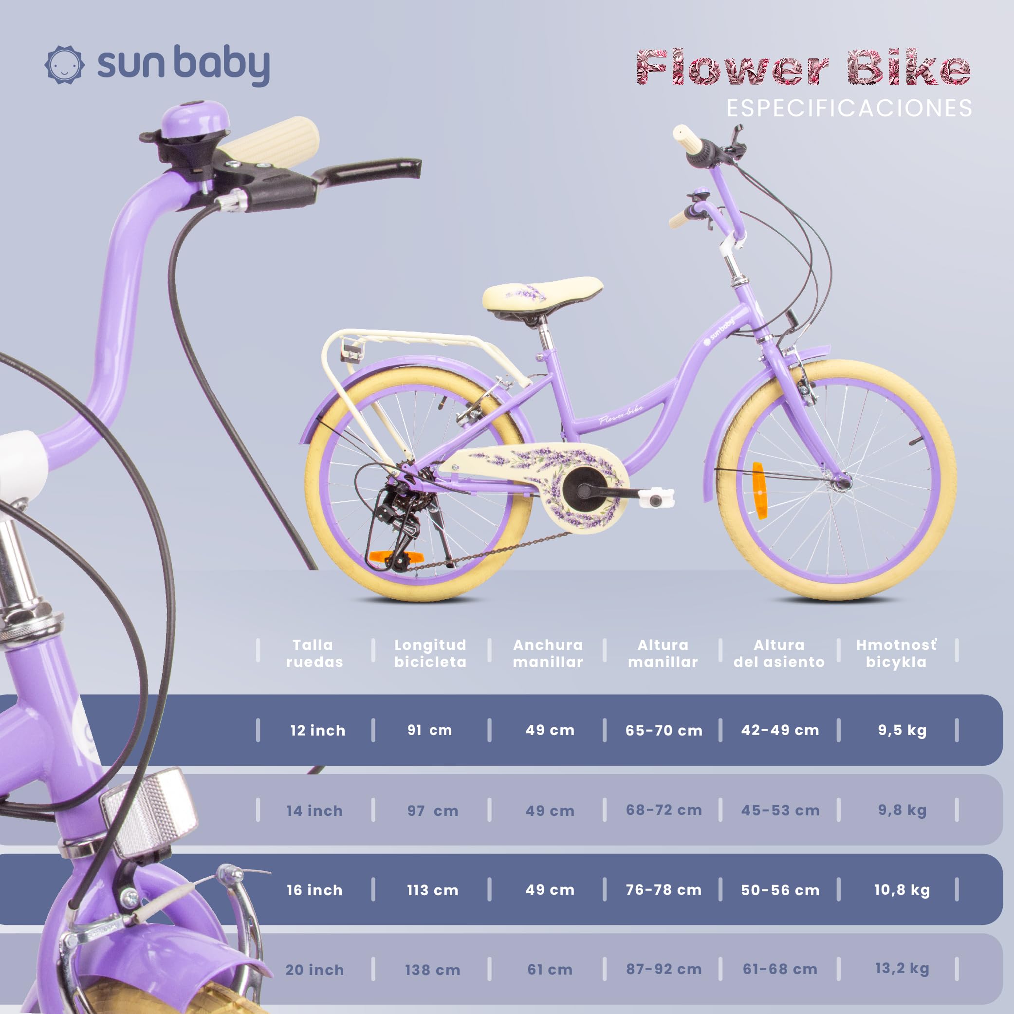 Bicicleta para niñas Flower Bike, tamaño de Rueda 20 Pulgadas, de 6 a 10 años, de 6 velocidades Shimano, de Altura Ajustable