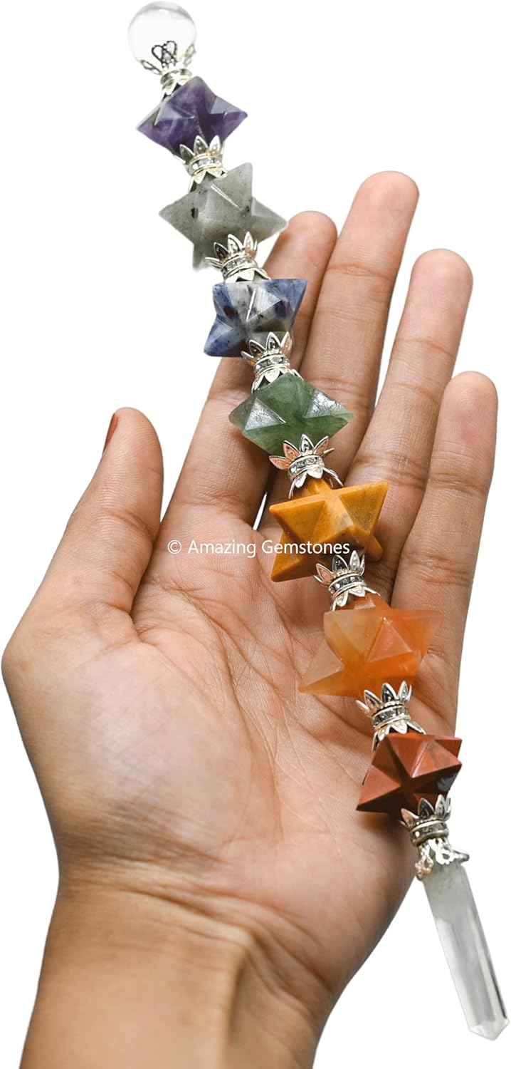 Amazing Gemstone Crystal Chakra Wand Healing Crystal Wands Witchcraft - Chakra Merkaba Crystal Wand for Meditation, Witchcraft, Healing, Yoga, Magic and More - Crystals and Healing Stones Gift