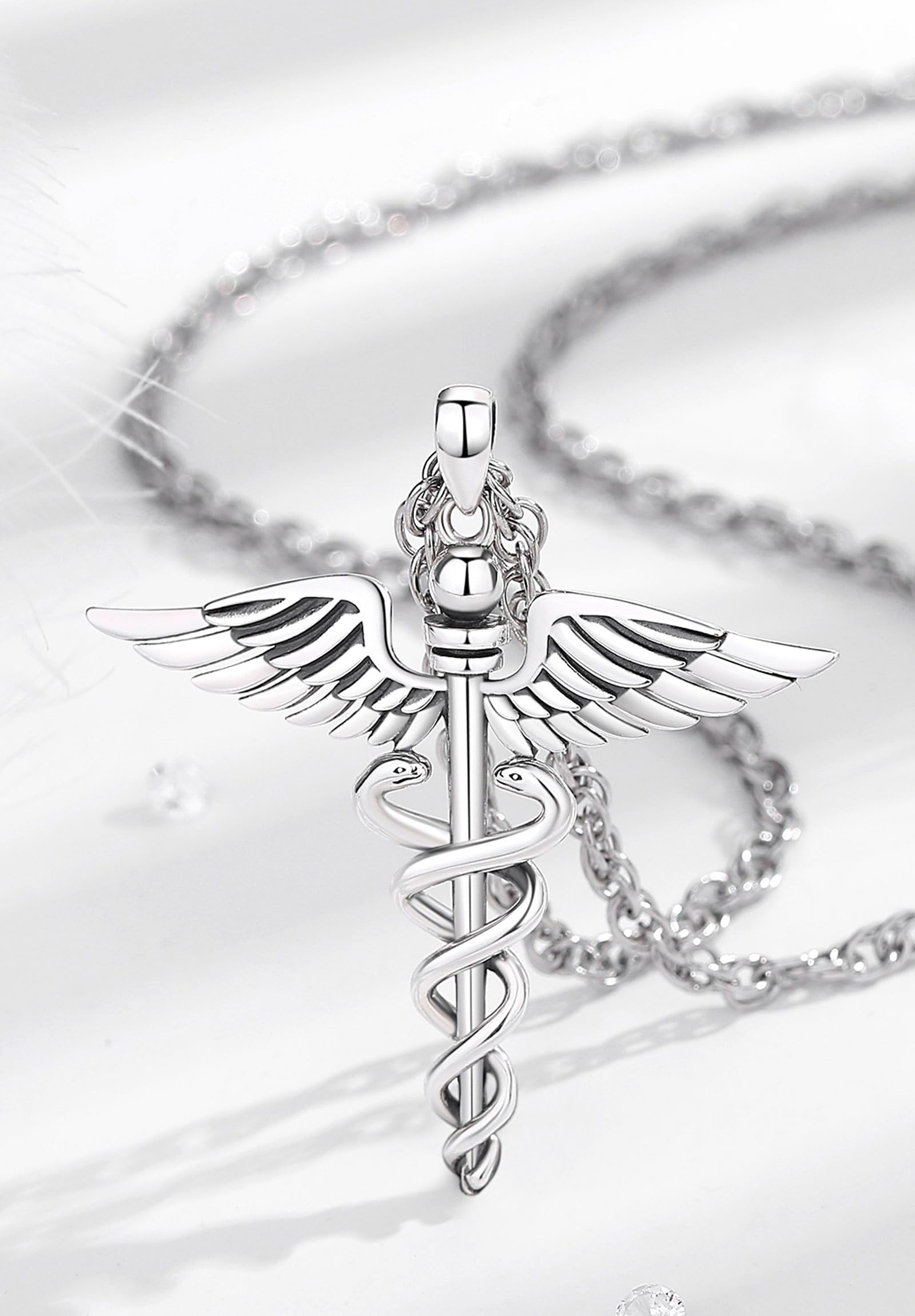 AEONSLOVE Collana Caduceo Hermès in Argento 925 Ciondolo Serpente con Ali d'Angelo Gioielli Simbolo di Medico Regali per Infermieri Dottore Donna Uomo