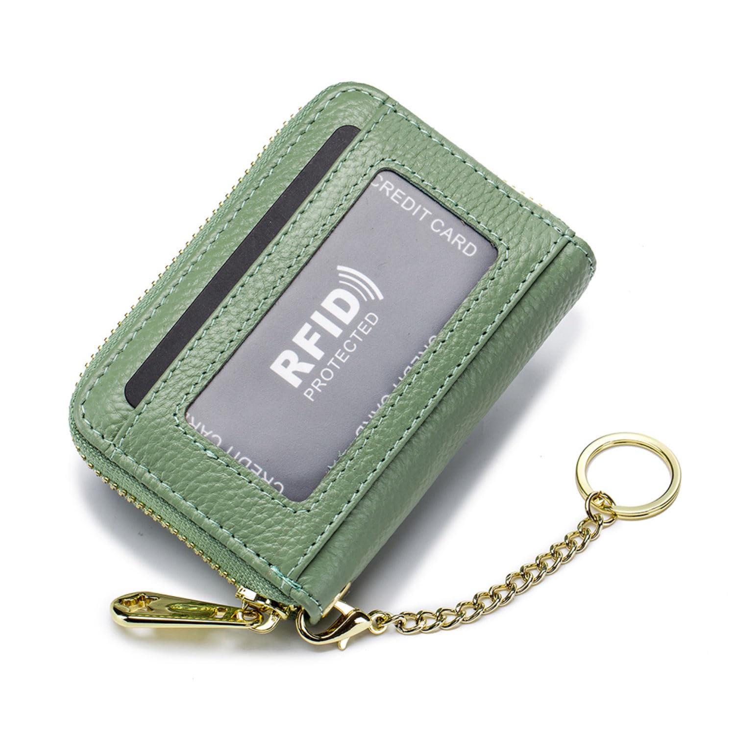 Tapp Collections RFID Credit Card Holder, Small Leather Zipper Card Case Wallet with ID Window & Detachable Keychain - Grass Green