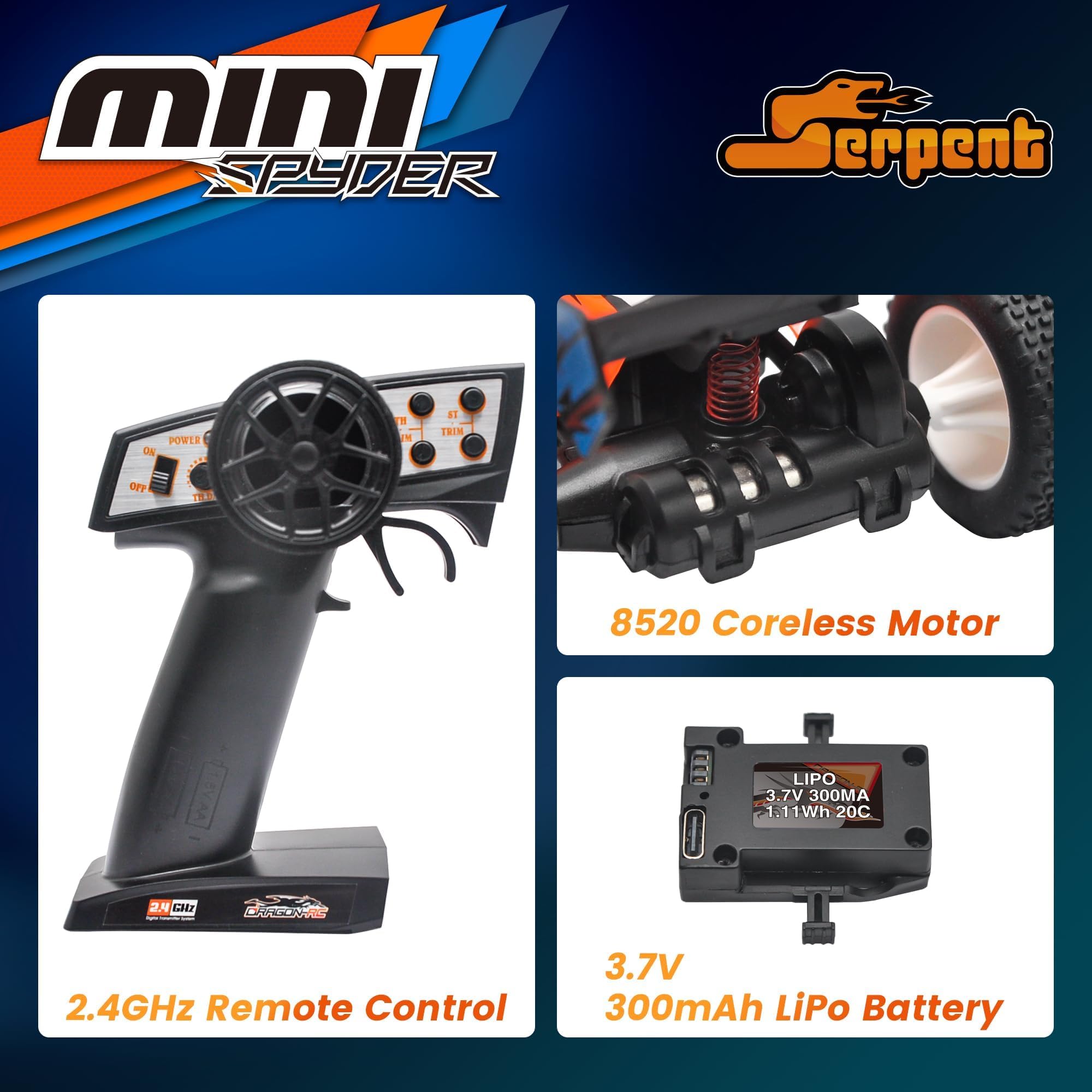 Serpent 1:24 Mini RC Auto con giroscopio, 2,4 GHz, modello RTR, passeggino integrale con 2 batterie + cavo di ricarica USB, veicolo fuoristrada ad alte prestazioni