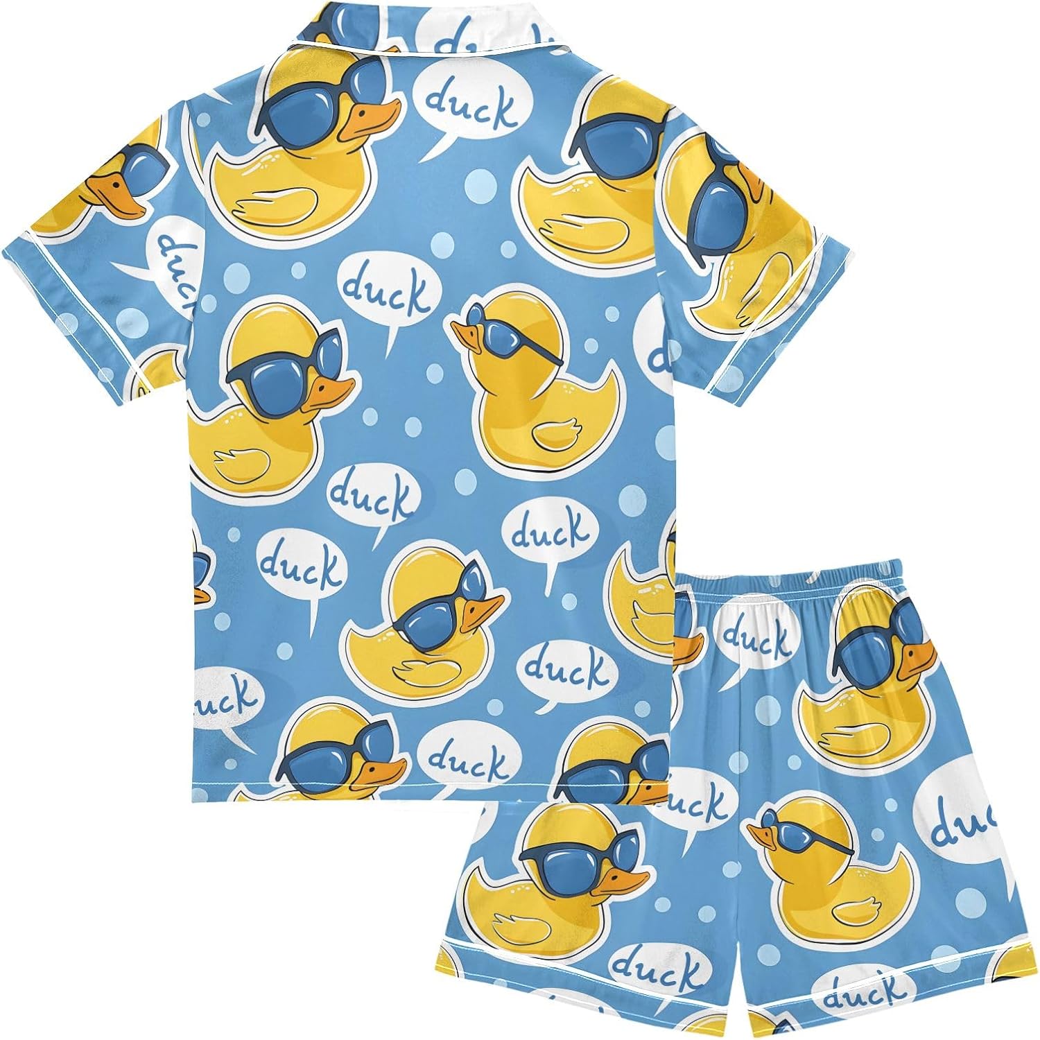 Kids Satin Wear Set Little Yellow Duck Blue Swimming Goggles Pattern Relaxed Fit Clothing Short Sleeve and Shorts