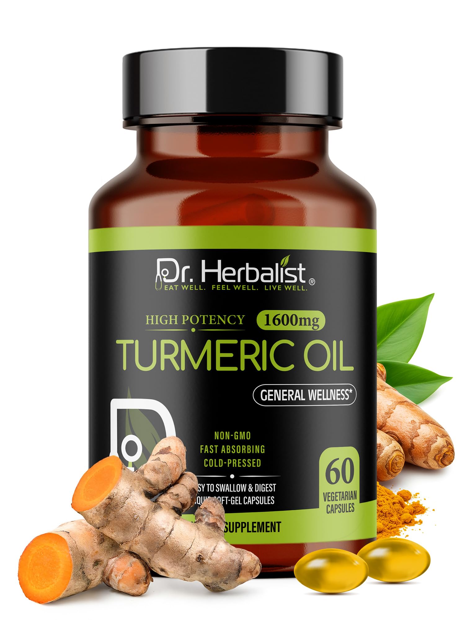 Dr. HERBALIST Turmeric Oil Capsules 1600mg, Curcuma Longa Root, Halal 60ct