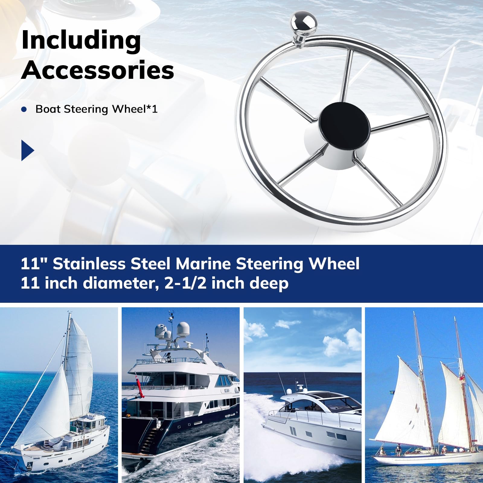 5-Speichen-Lenkrad, 27,9 cm (11 Zoll), Edelstahl, passend für Standard 3/4 Kegelwelle, mit Steuerknopf und Kappe für Boote, Pontonboote, Yachten