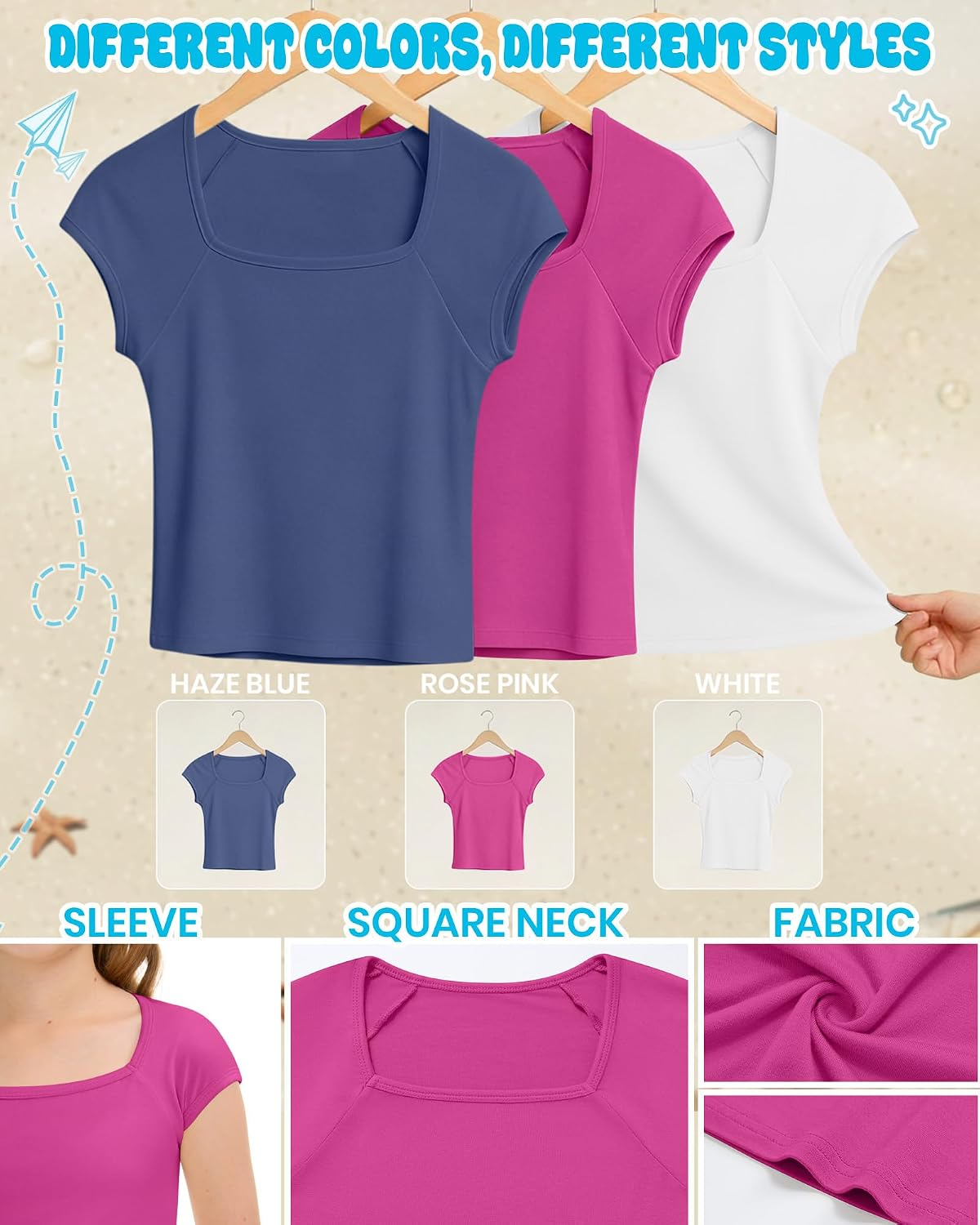3 Pack Girls Crop Tops Short Sleeve Square Neck Slim Fit Cropped Tees Basic Cute Summer Casual Trendy T Shirts(Fuchsia, White, Haze Blue,13-14 Years)