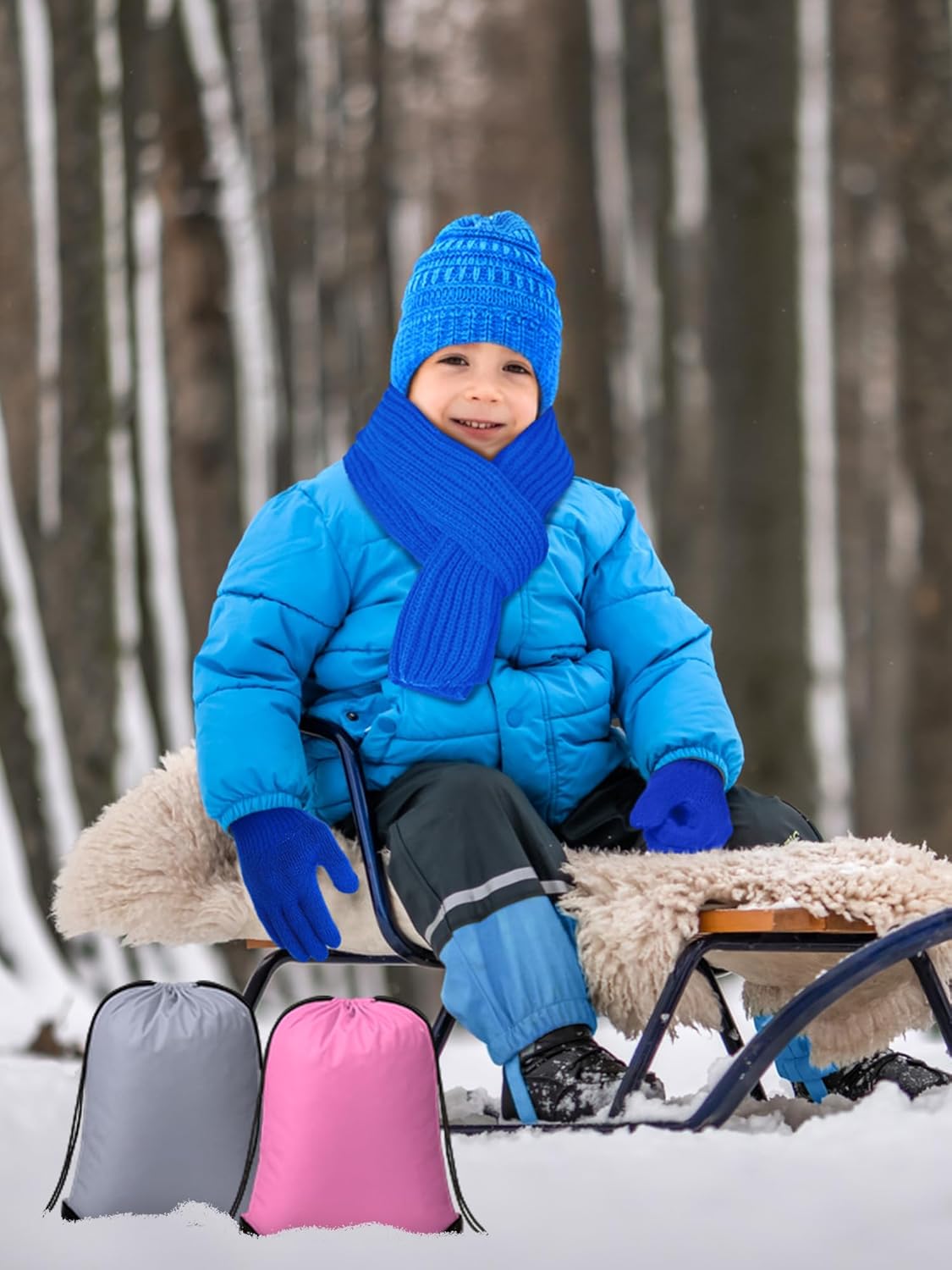 80 Pcs Kids Winter Hat Gloves Scarf Set with Colorful Drawstring Bag, Knit Toddler Beanie Cap, Warm Gloves, Neck Warmer for 5-10 Years Old Girls and Boys Children - Image 6