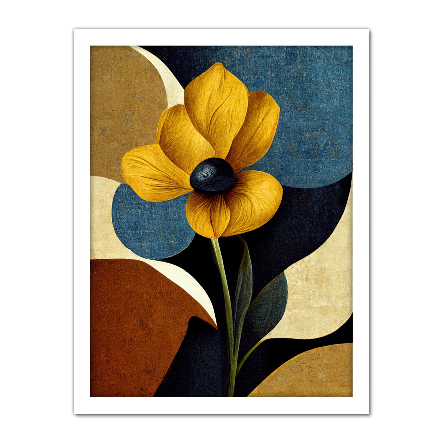 Wee Blue Coo Blue Mustard Ochre Copper Autumnal Abstract Stem Flowers Painting Artwork Framed Wall Art Print 18X24 Inch