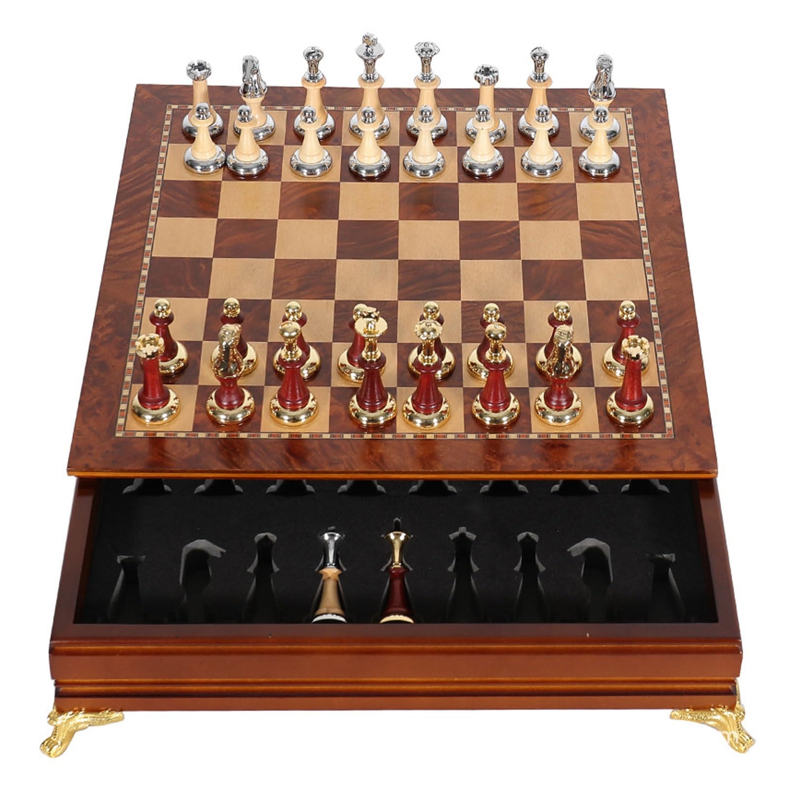 Set di scacchi in legno da 15,7", design raffinato della scacchiera superiore/inferiore for principianti e giocatori professionisti