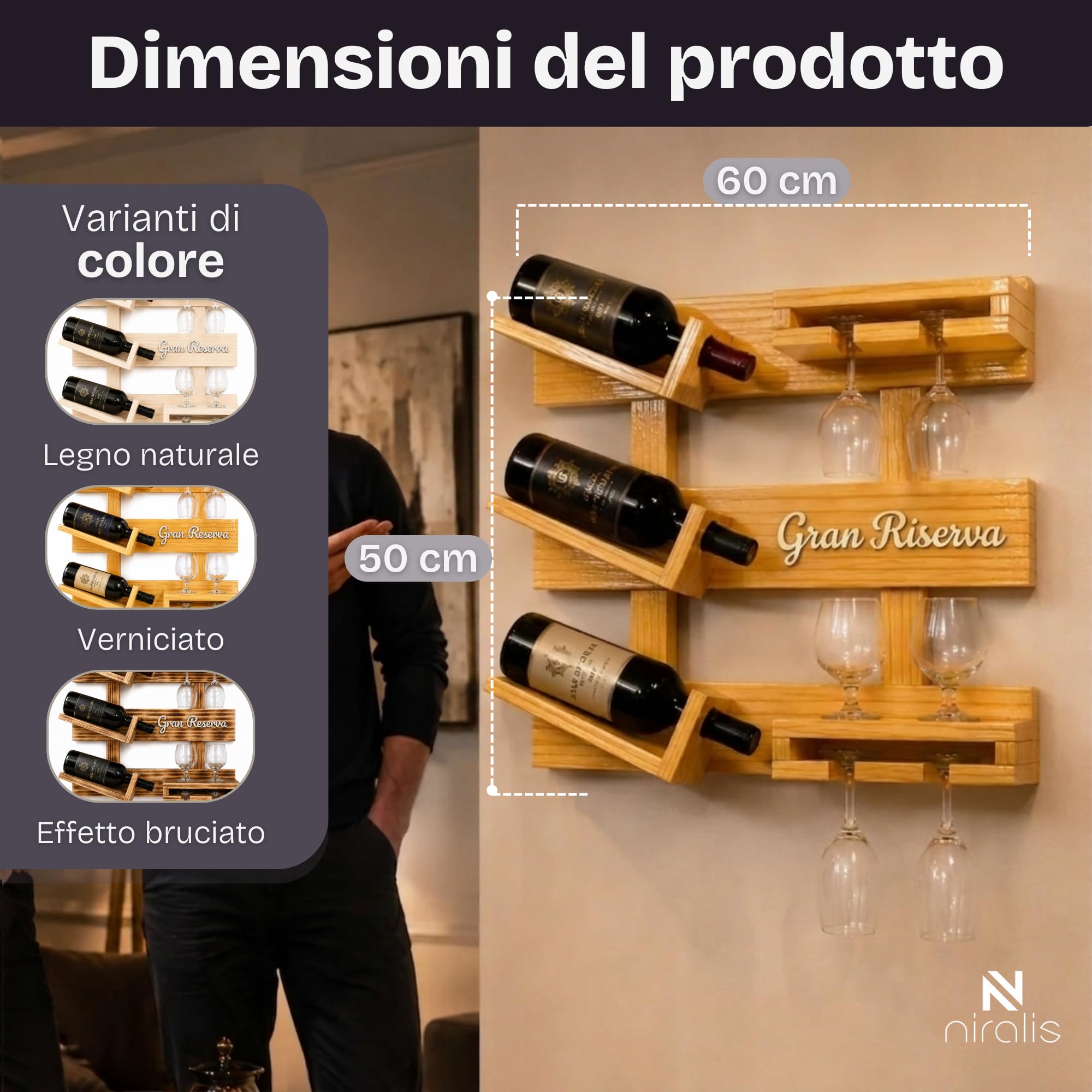 Portabottiglie da Parete in Legno - NIRALIS - Scaffale porta 3 bottiglie e 6 calici personalizzabile con lettere in rilievo, mobile bar soggiorno già montato - 60 x 50 cm (Legno naturale)