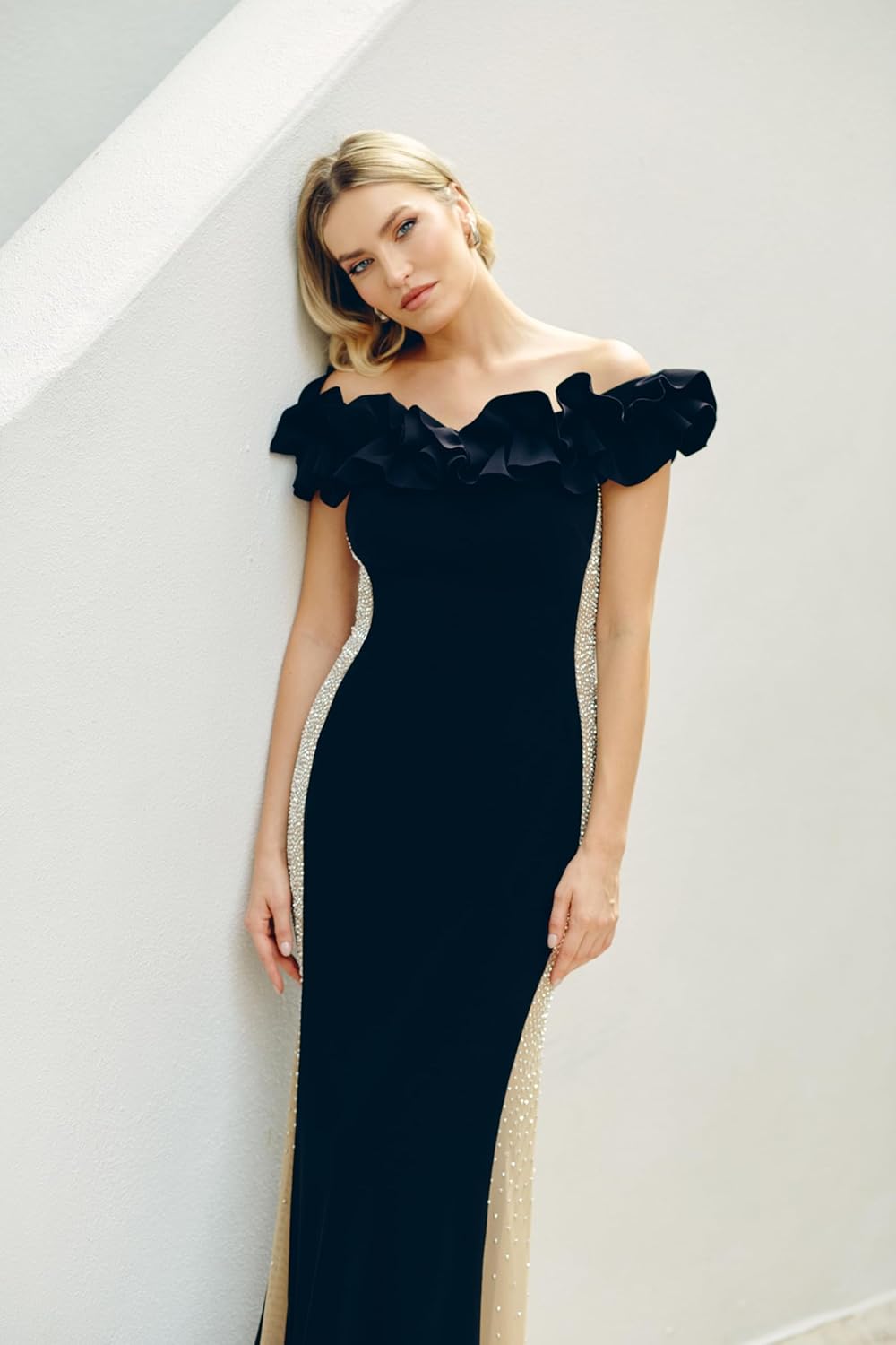 Xscape Womens Long Off The Shoulder Ruffle Beaded Mesh Back Dress - Image 5