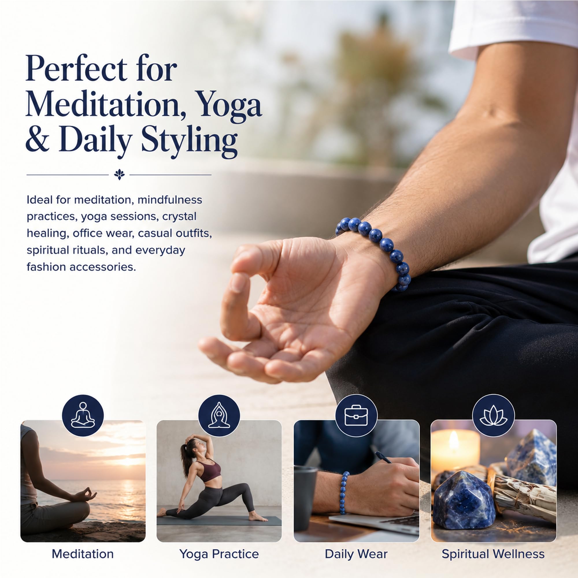 Serein Sodalite Bracelet 8mm Round Beads Natural Healing Crystal Blue Crystal Stretch Bracelet for Clarity, Confidence, Focus, Communication & Positive Energy, Wisdom & Clarity for Men & Women 3