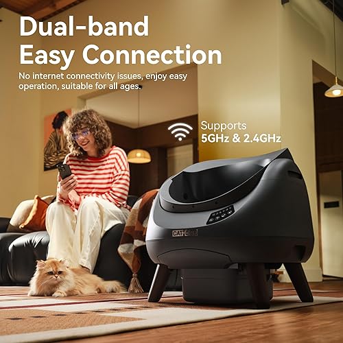 CATLINK Self Cleaning Cat Litter Box Open-X, 5G & 2.4G — shown in a real home setting for scale