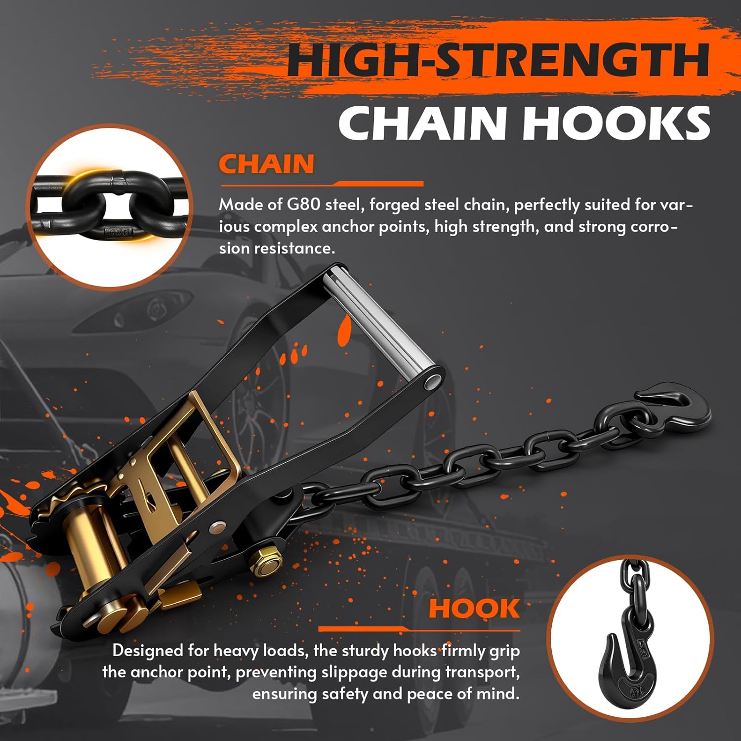 4 Pack Car Tie Down Straps for Trailers,2"×96" Ratchet Tire Straps with Heavy Duty Chain Anchors,Lasso Wheel Strap 9900LBS Break Strength for Trailers, UTV,SUV,Trucks and Any car Hauling