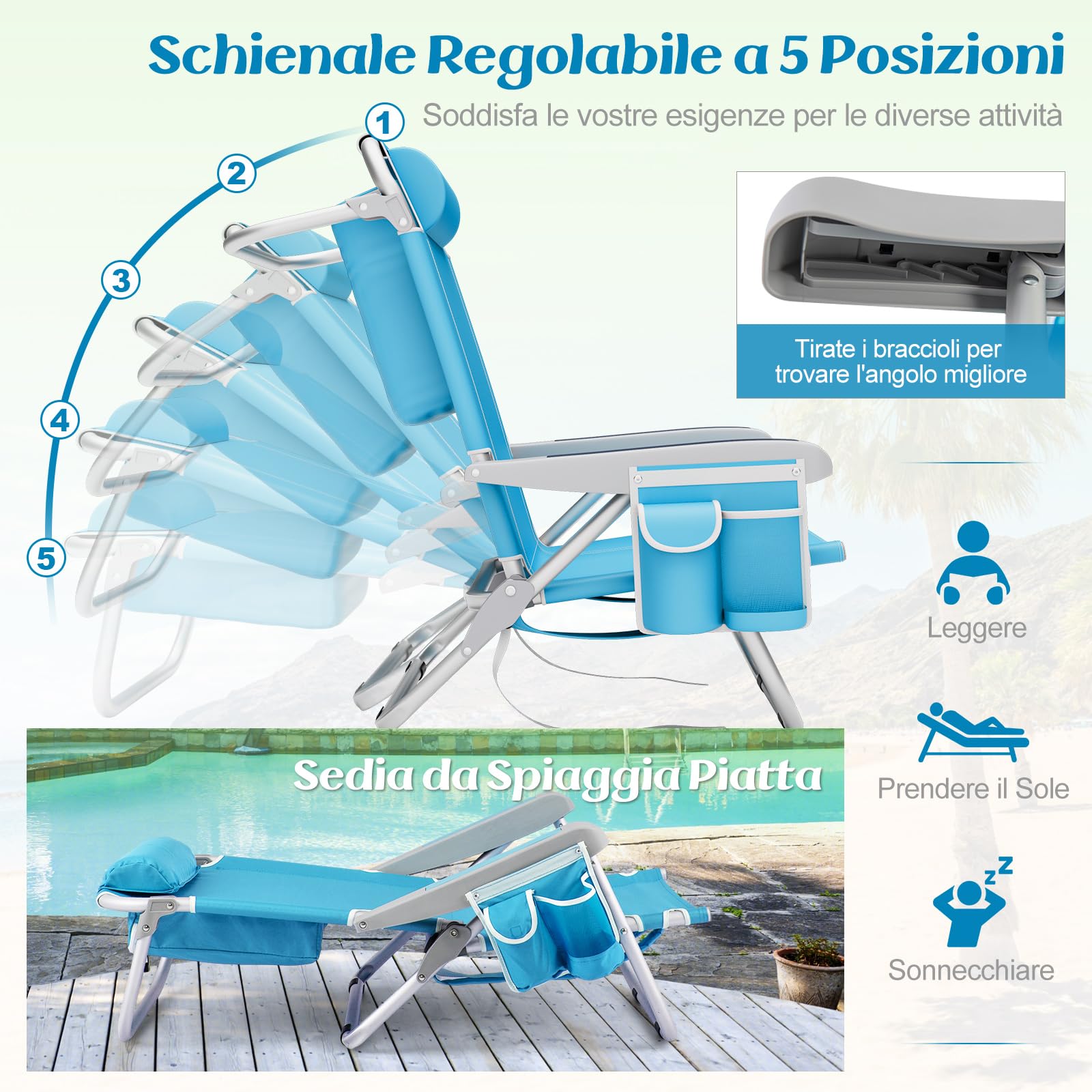 COSTWAY Set di 2 Sedie da Spiaggia, Sdraio Pieghevole a 5 Posizioni con Portabicchieri, Poltrona da Spiaggia con Cuscino per Testa e Zaino, Sedia da Campeggio Portatile, Portata 150 kg (Azzurro,2)