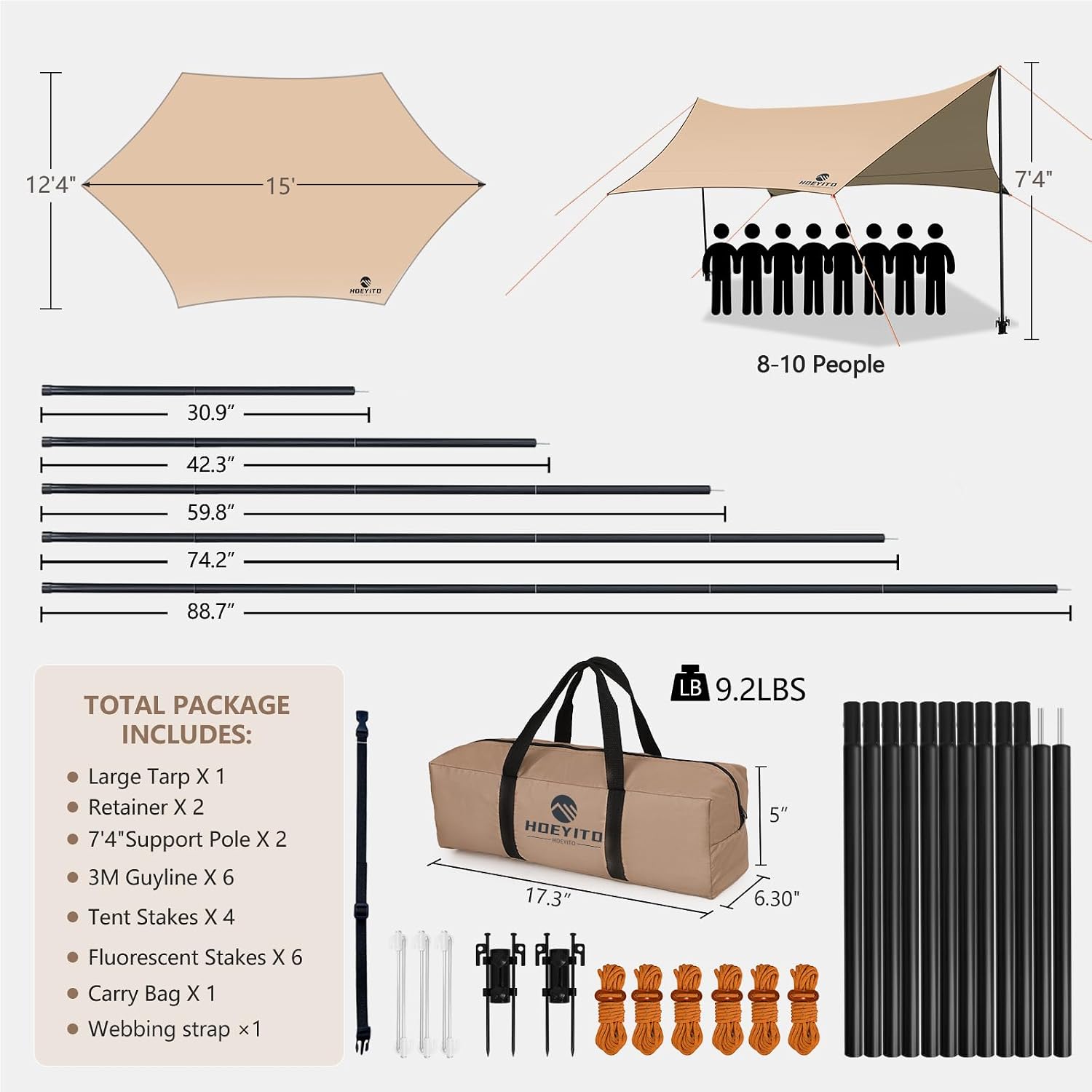 Camping Tarp with Poles & Retainer, 15x12.5FT Large Waterproof 210D Oxford Cloth Camping Canopy, Anti-UV UPF100+ Camping Awning Tent Tarp Car Awning for Outdoor, Picnic, Car, Hammock, Traveling(Khaki)