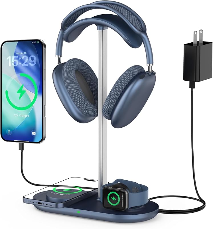 3 in 1 Headphone Stand, Airpod Max Charger Stand with 15W Wireless Charger | Headset Holder for AirPods Max 2/Pro/iWatch/Vision Pro, Charging for iPhone 17/16/15/14/13/12/11/X, Aluminum Alloy Rod, Blue