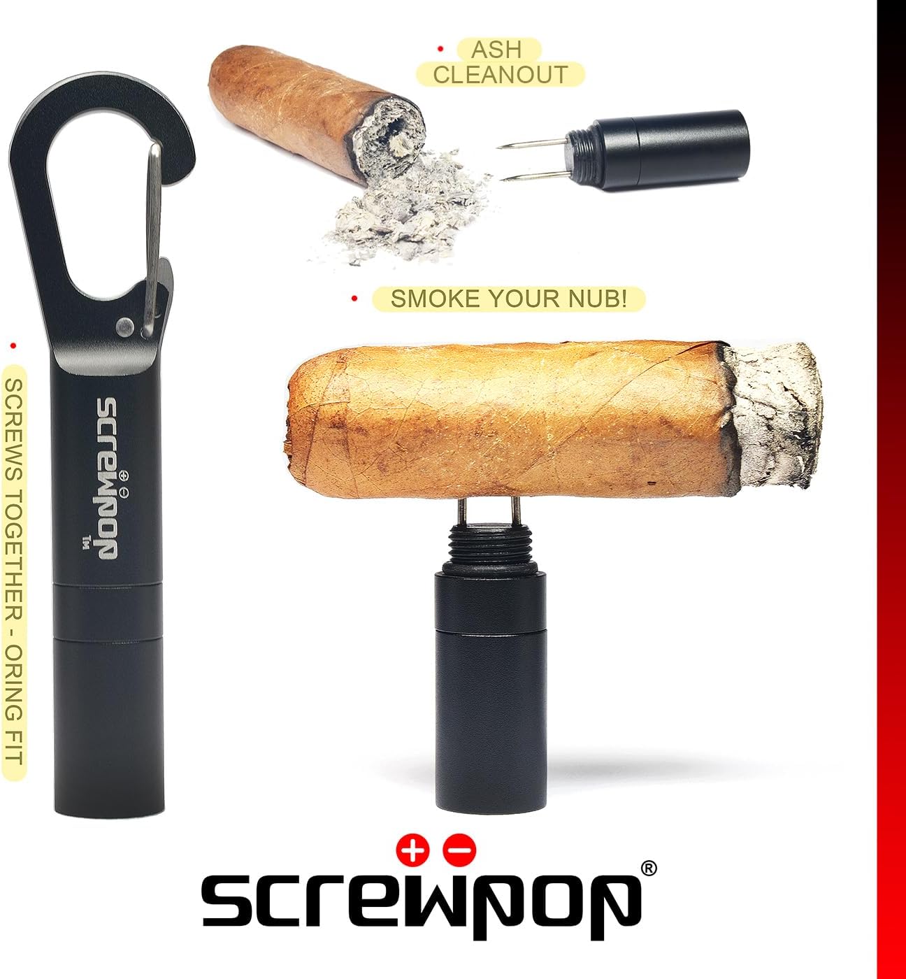 Screwpop Telescoping Cigar Punch 4.0 Ultra-Sharp with Twin Prong Nubber Carabiner Clip Bottle Opener Anodized Black