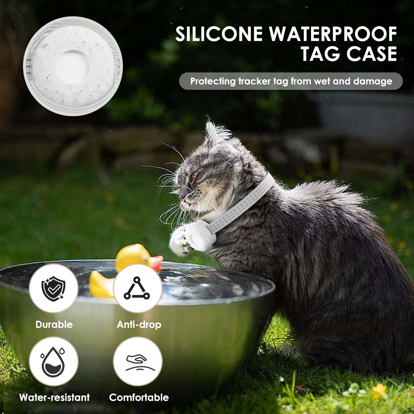 Rastreador GPS para gatos, collar rastreador de gatos con hebilla elástica de seguridad, compatible con Apple Find My App (solo iOS), sin tarifa mensual, impermeable (rastreador blanco, collar