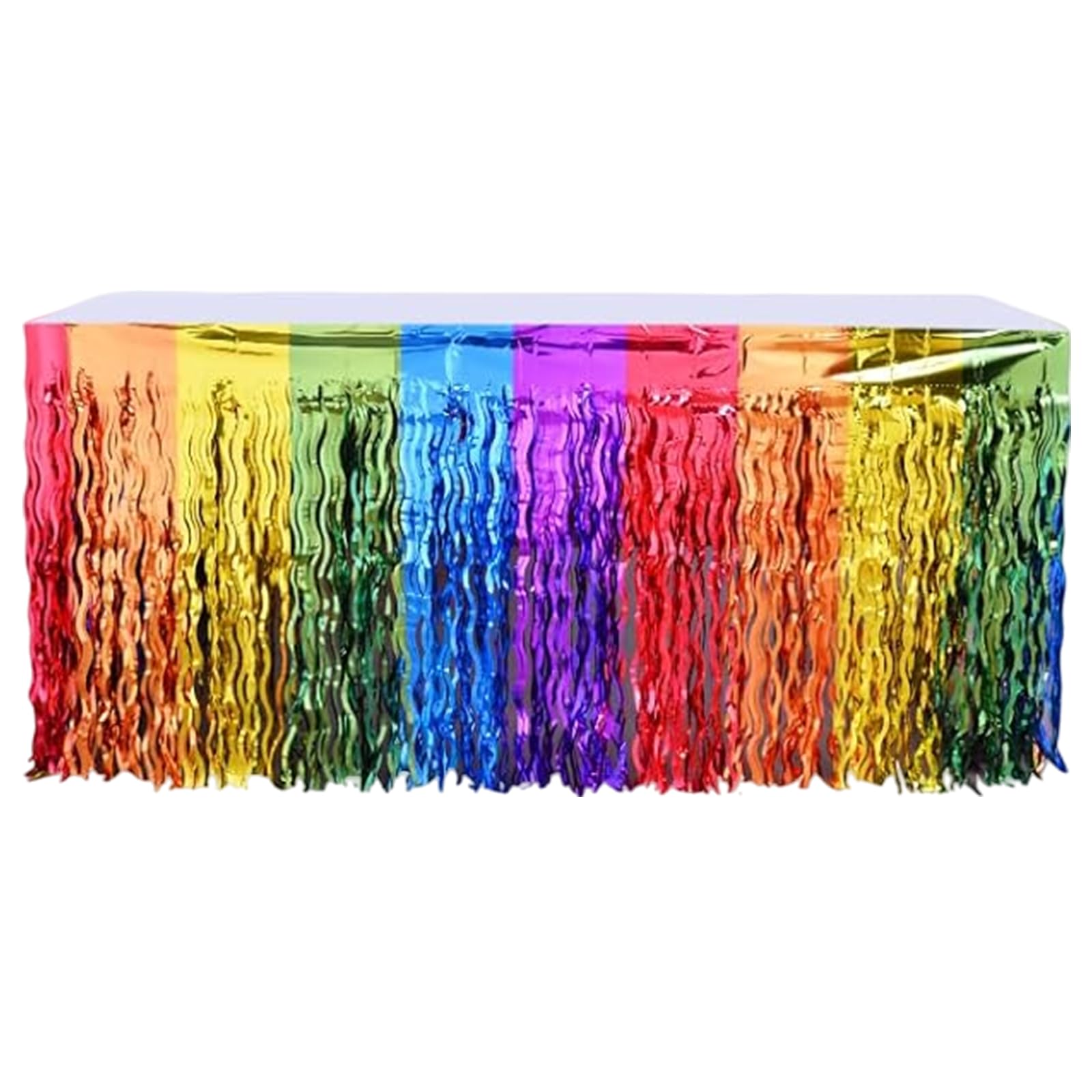 MUNSKT 4 Pack Rainbow Metallic Foil Fringe Table Skirt, Beautiful Wavy Metallic Tinsel Foil Fringe Table Skirts, Rainbow Table Decors for Birthday Wedding Bridal Shower Unicorn Pride Party