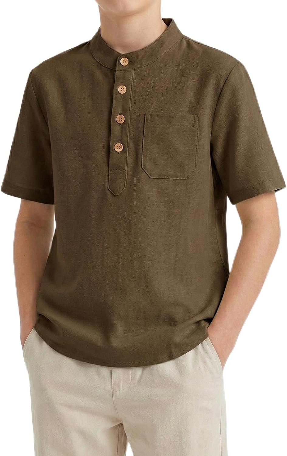 Spring&Gege Boys Linen Henley Shirt Short Sleeve Button Down Summer Beach T-Shirt with Pocket Lightweight for Kids Ages 5-12