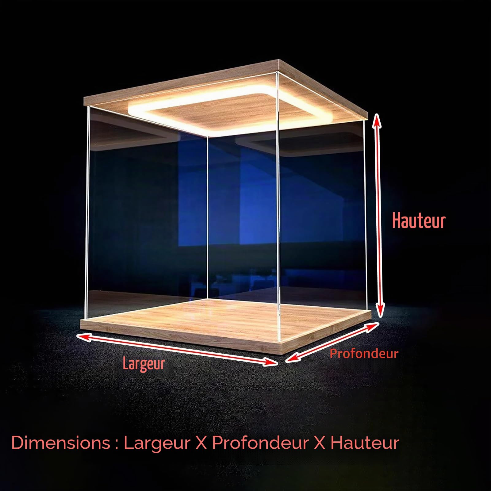 Vitrine Acrylique Vitrine Acrylique avec Éclairage LED, Boîte Acrylique Anti-poussière avec Porte, Boîte de Présentation Transparente avec Socle, Présentoir pour Figurines, Voitures et Jouets(20x20x20