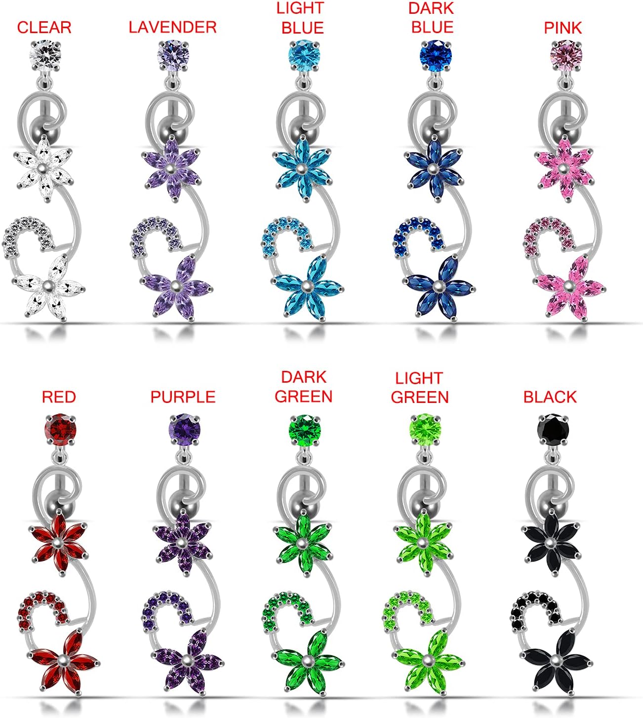 Cz Gemstones Fancy Vine and Flower Reverse Bar Dangling Design 925 Sterling Silver with Stainless Steel Belly Ring - Belly Button jewelry - Navel jewelry