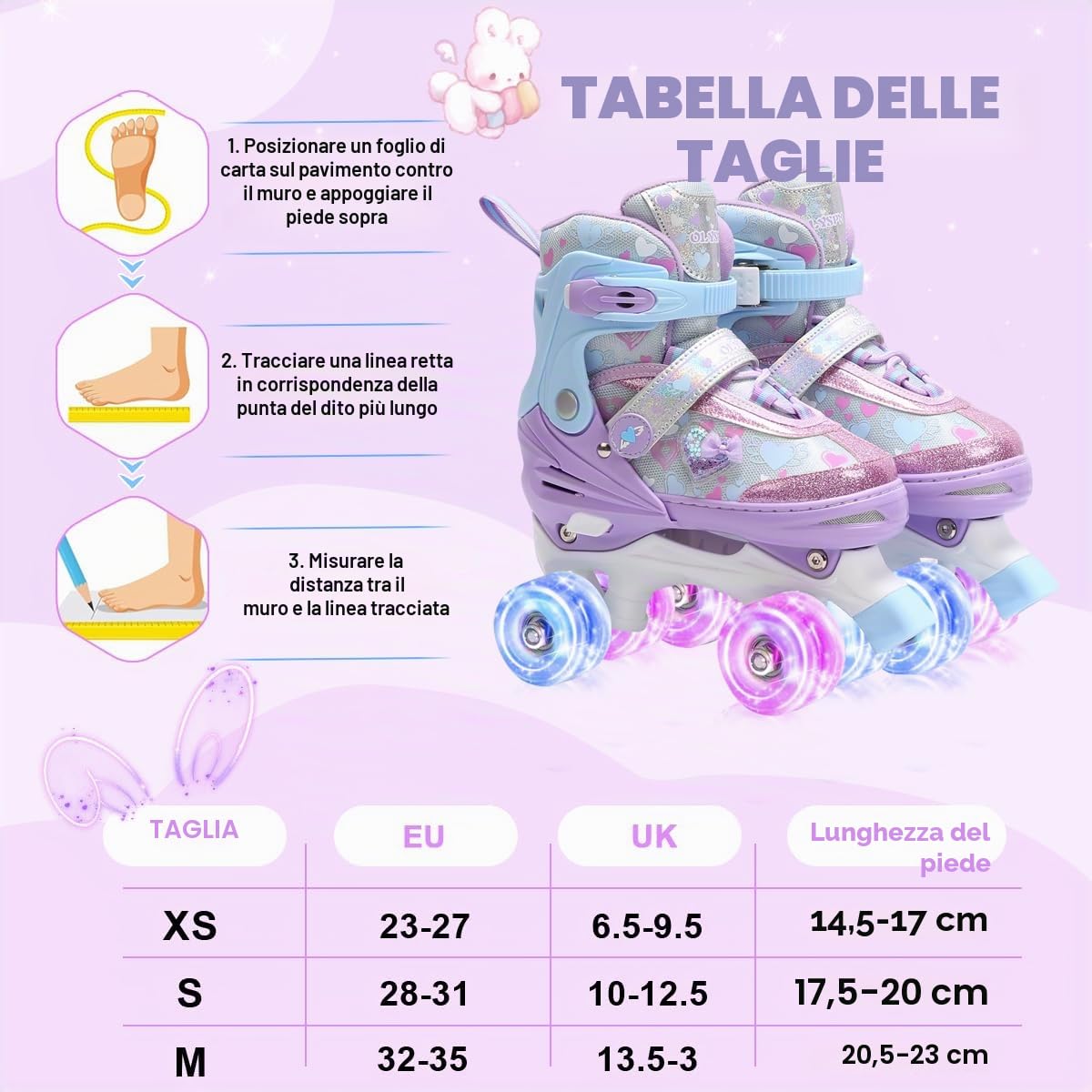 Pattini a Rotelle Bambina con Cuori Sognanti e Ruote Luminose, 4 Taglie Regolabili